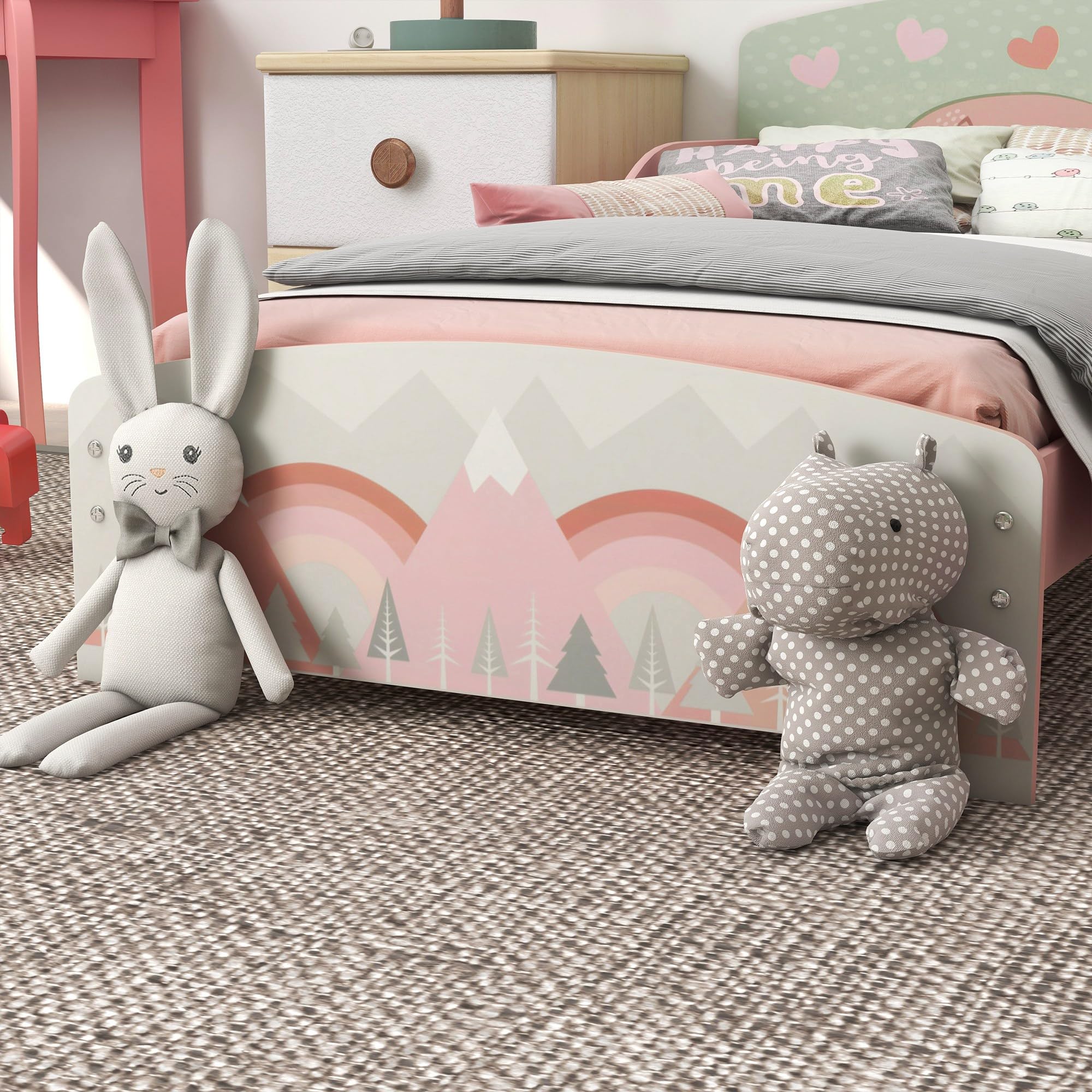 ZONEKIZ Letto per Bambini 3-6 Anni con Bordi Rialzati, Lettino per Bimbi 140x70 cm con Doghe e Fantasia con Animali, Rosa