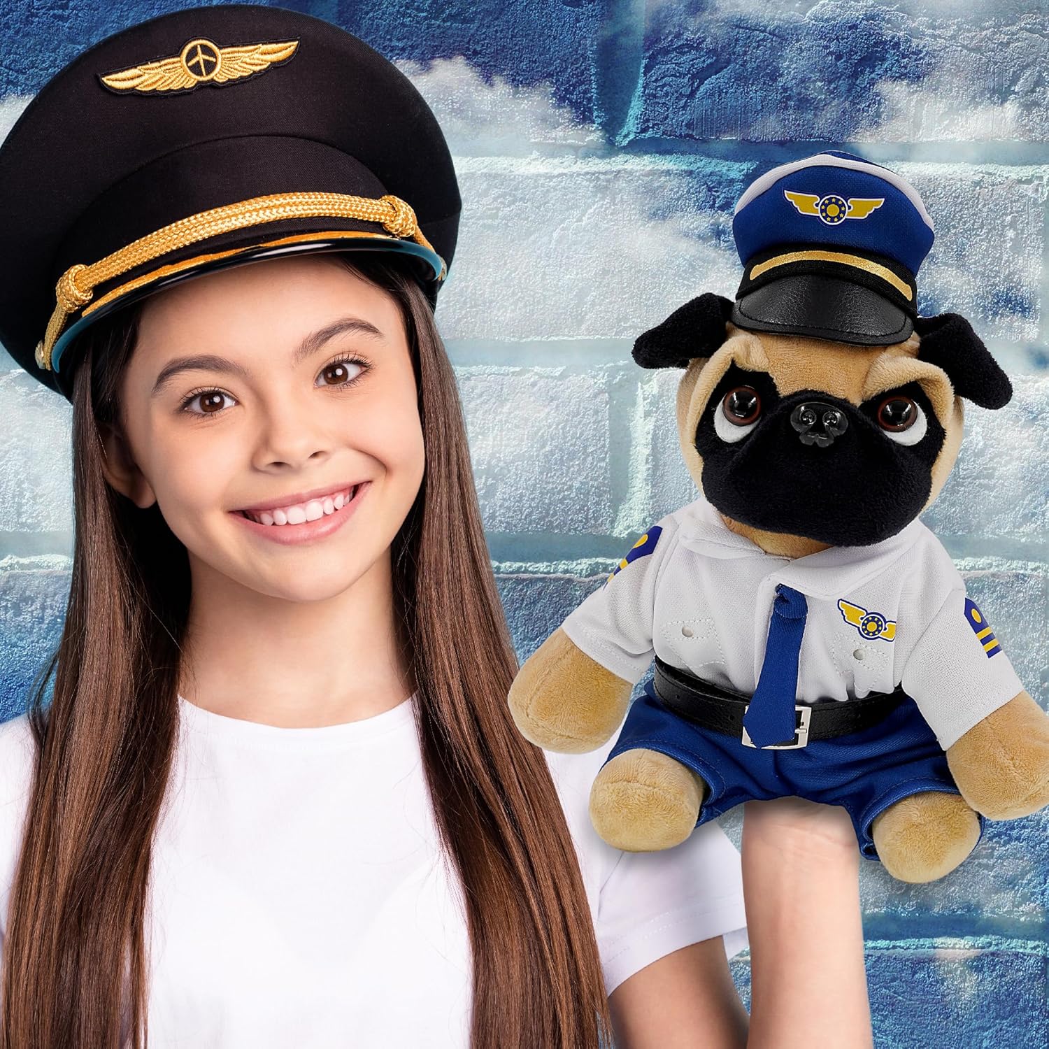 DolliBu Pug Dog Stuffed Animal with Pilot Costume and Name Personalization - Cute Pet Plush Toy with Airplane Aviation Uniform Dress Up - 8 Inches