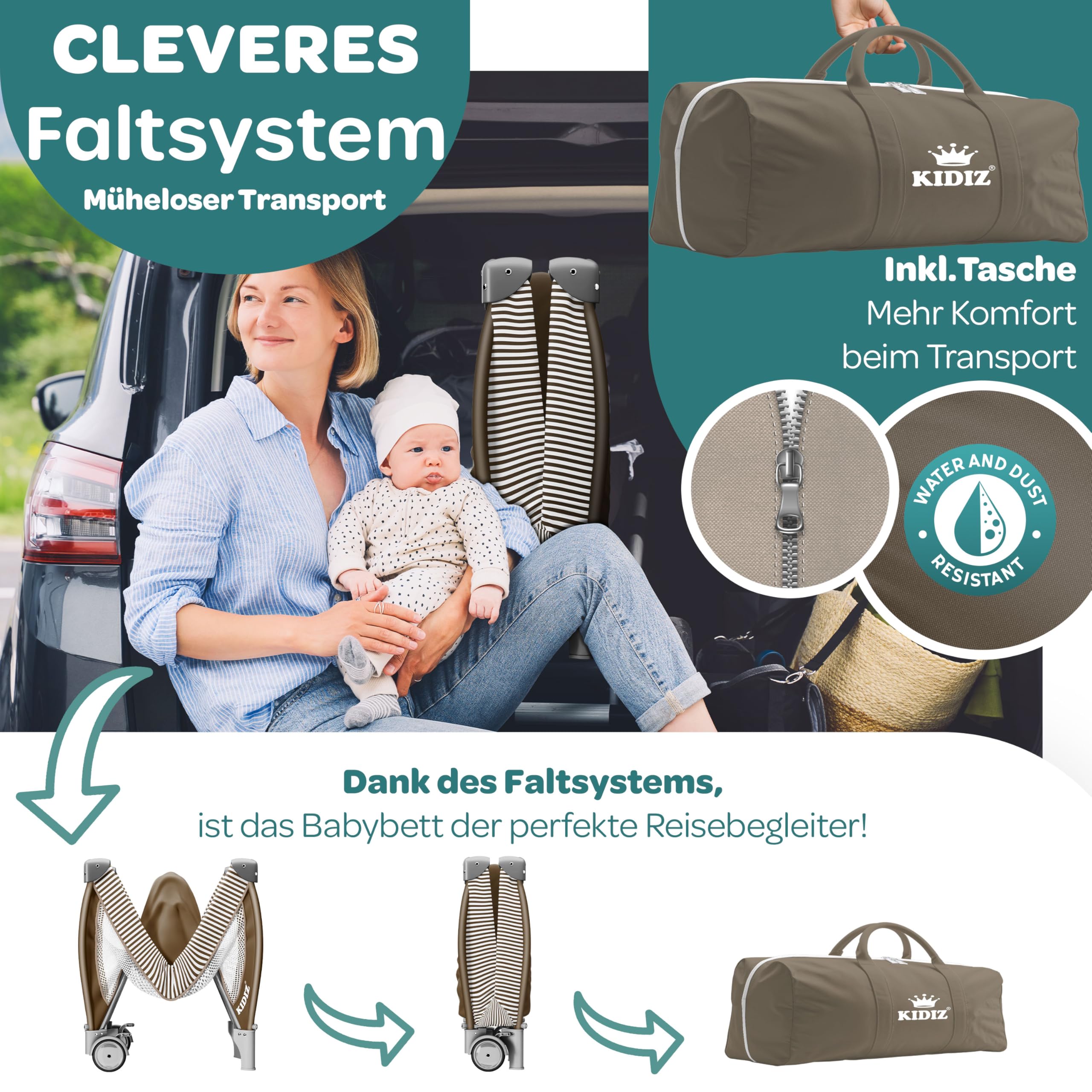 KIDIZ® Łóżeczko dziecięce 3 w 1, turystyczne, zestaw kombi, łóżeczko z przewijakiem, moskitiera, kojec, do 15 kg, przewiewne ściany boczne z wejściem bocznym, składana torba transportowa, brązowy