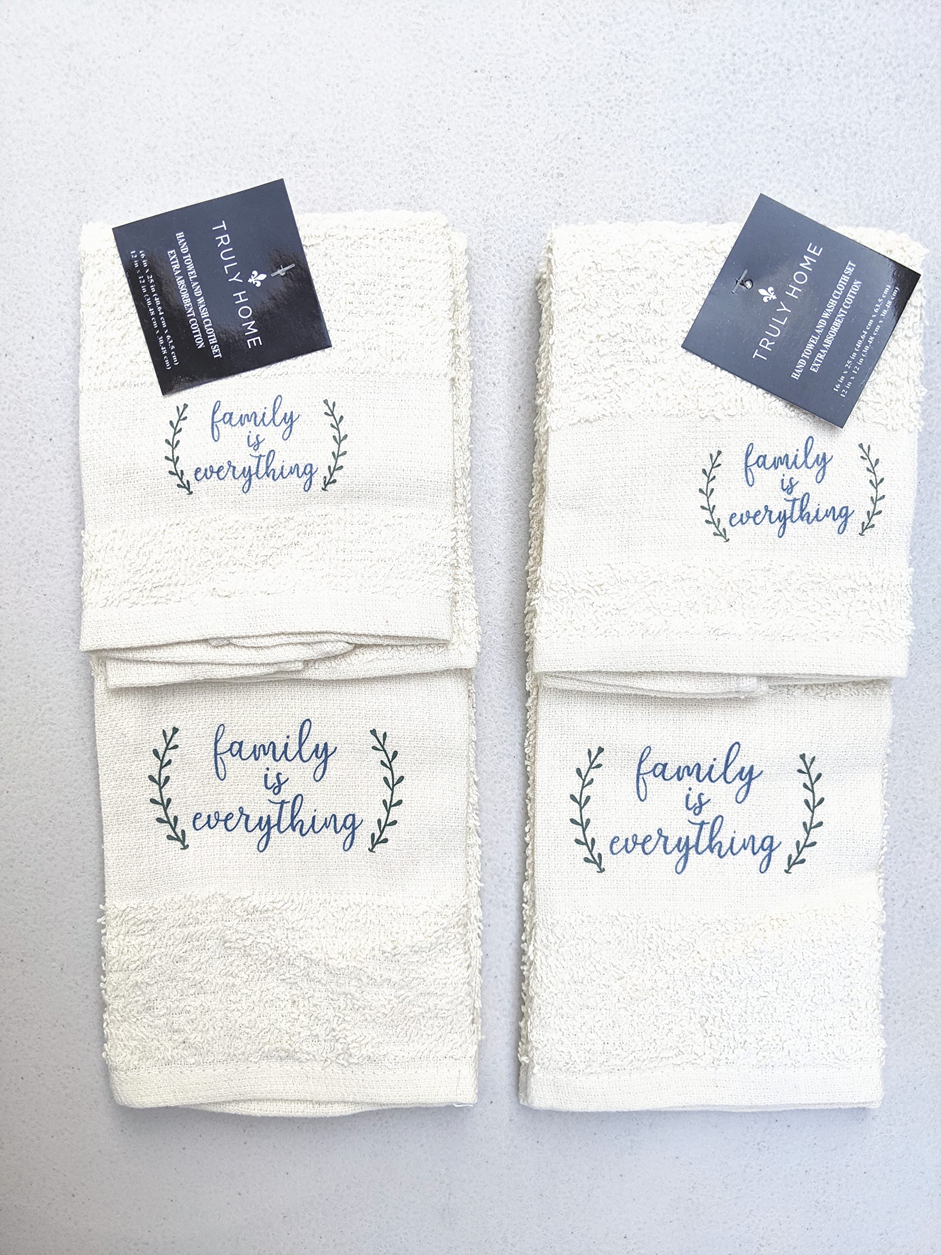 Bright Collection 2 Dishcloth & 2 Hand Towel Set - (4 pc) Inspirational Sentiment Quote Message Kitchen Bathroom (Oyster Yellow Family is Everything)