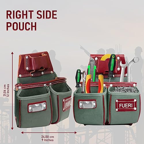Miniatura 4 de FUERI Cinturón de herramientas de nailon y cuero para hombres  Juego de bolsa de herramientas resistente con 2 bolsas, soporte de alicates, cinturón