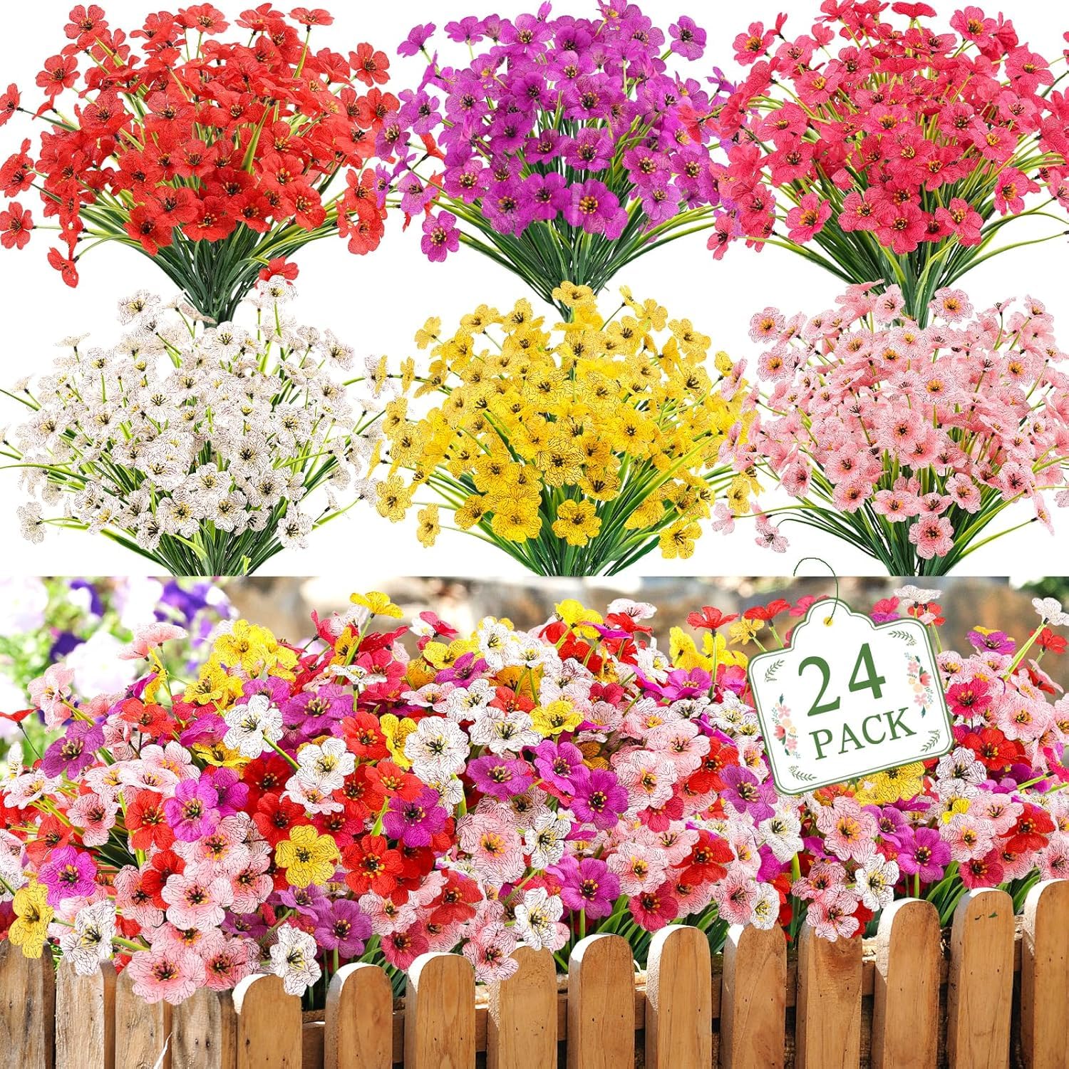 24 Bundles Artificial Flowers for Outdoor,6 Colors No Fade Fake Plastic Silk Flowers Faux UV Resistant Plants for Indoor Outside Garden Porch Hanging Planters Decor (Multicoloured)