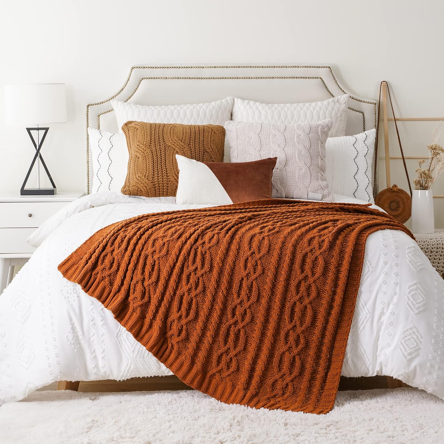 Battilo Caramel Throw Blanket for Couch, Rust Throw, 51" x 67", Super Soft Warm Chenille Cable Knit Blanket Boho Decorative Fall Throw Blanket for Bed, Sofa and Living Room