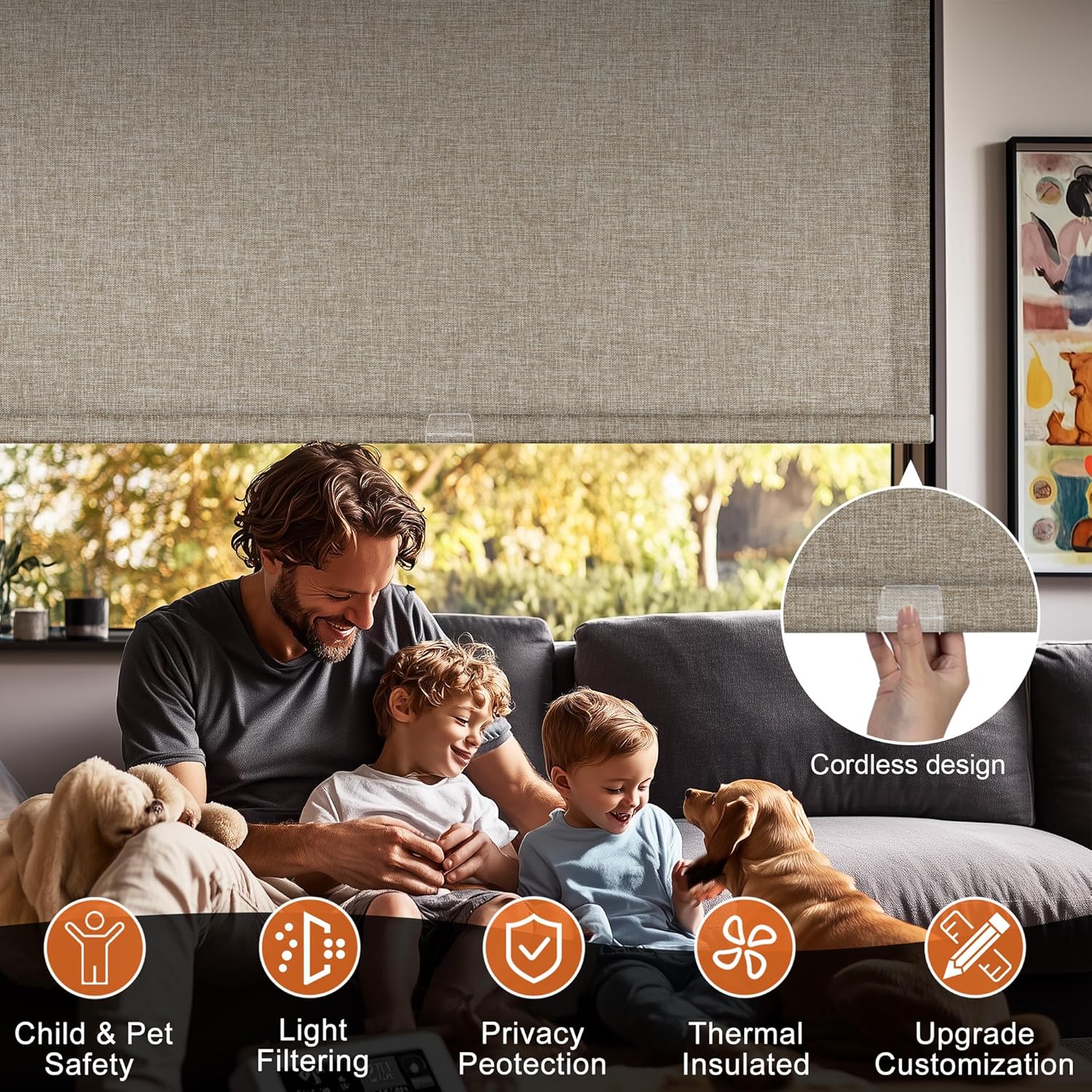 Light Filtering Shades - Cordless Linen Fabric Roller Blinds, Thermal Insulated Fabric Roller Window Shades for Home, Office, Bedroom, Door, Custom Size, Light Brown