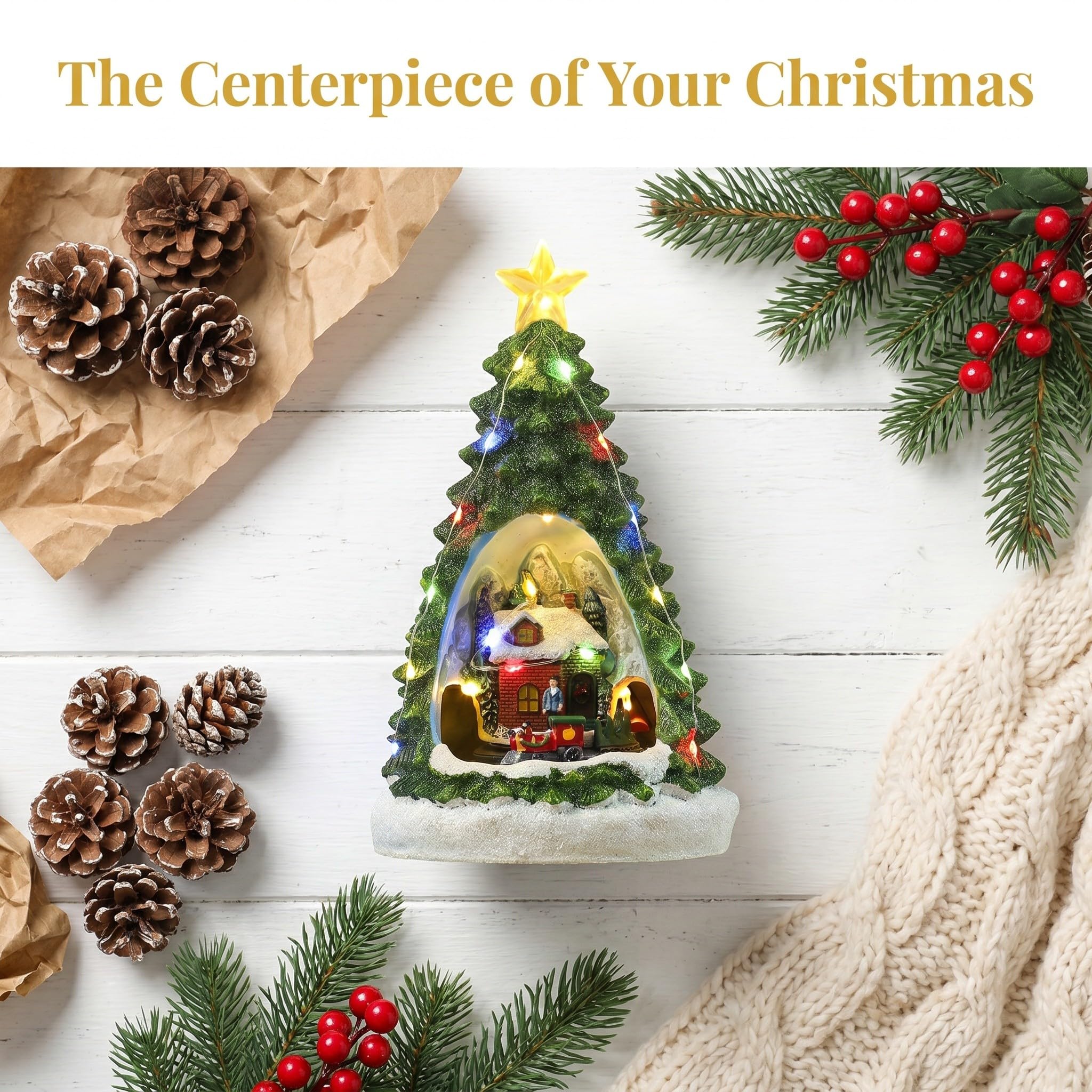Uonlytech Statuette animate musicali di casette natalizie a forma di albero, edifici in resina con casette di neve e trenino girevole con luce LED, regalo di Natale, decorazione da tavolo per le feste