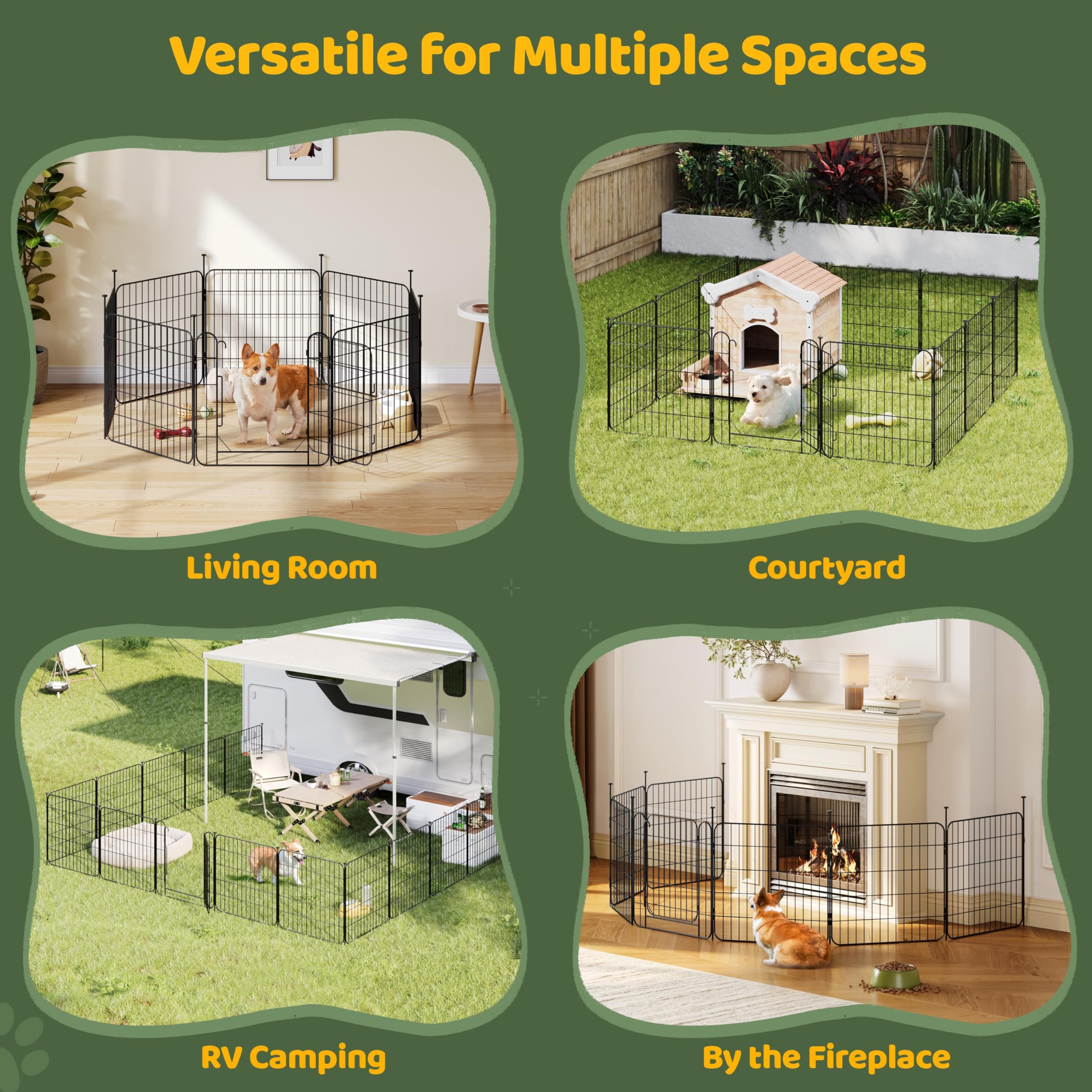 Yaheetech 16 Paneles Parque para Perros 60 x 60 cm con 2 Puertas Recinto Interior Reja Plegable para Cachorros y Conejos Perreras de Metal para Exterior con Estacas, Punta Ovalada y Plana