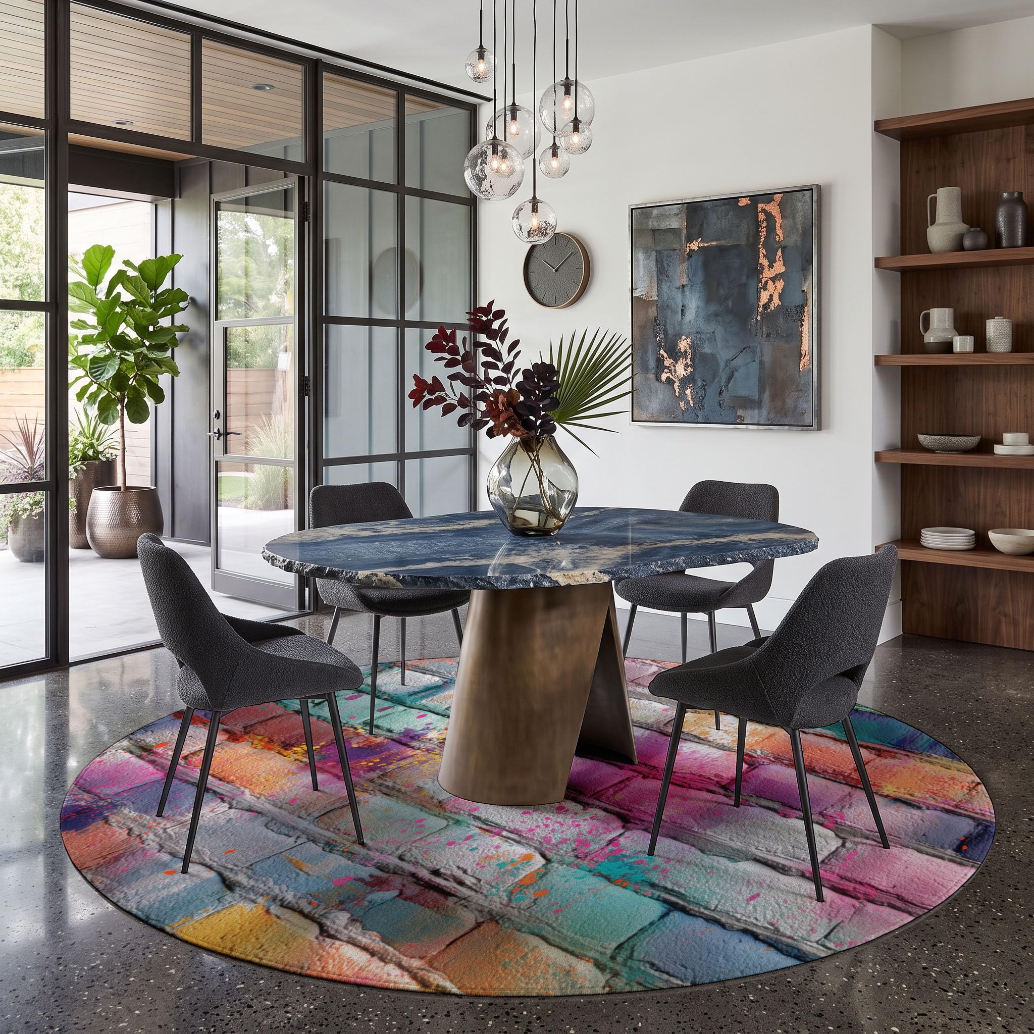 Tapis Rond Lavable Briques Colorées À l'aspect Vieilli 160cm | Tapis Art du Graffiti De Rue Antidérapants Salon Lavable en Machine pour pour Salle à Manger, Entrée, Cuisine, Multicolore