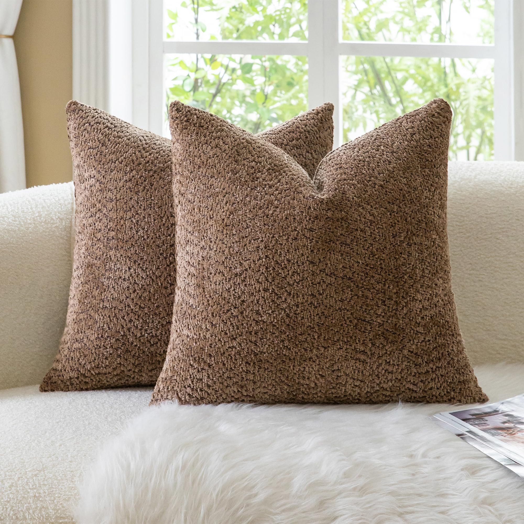 Neelvin Set of 2 Decorative Chenille Cushion Covers 20x20 Inch (50x50cm), Boucle Textured Soft Cozy Throw Pillow Covers for Couch, Living Room Sofa Bedroom Brown