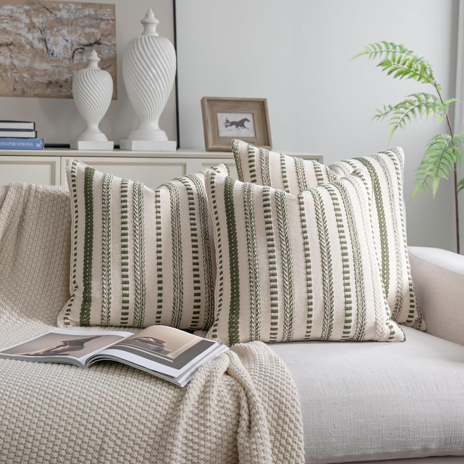Cethom Green Boho Throw Pillow Covers 18x18 Inch Set of 2, Stripe Textured Decorative Couch Pillow Cases for Bed, Sofa, Living Room, Bedroom, Farmhouse Home Accent Cushion Covers