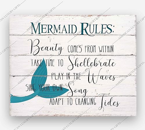 Miniatura 7 de Mermaid Rules - Inspirational Beach Wall Art, Distressed Wood Design Ocean Wall Decor Print, Ideal Wall Decor For Home Decor, Bedroom Wall Art,
