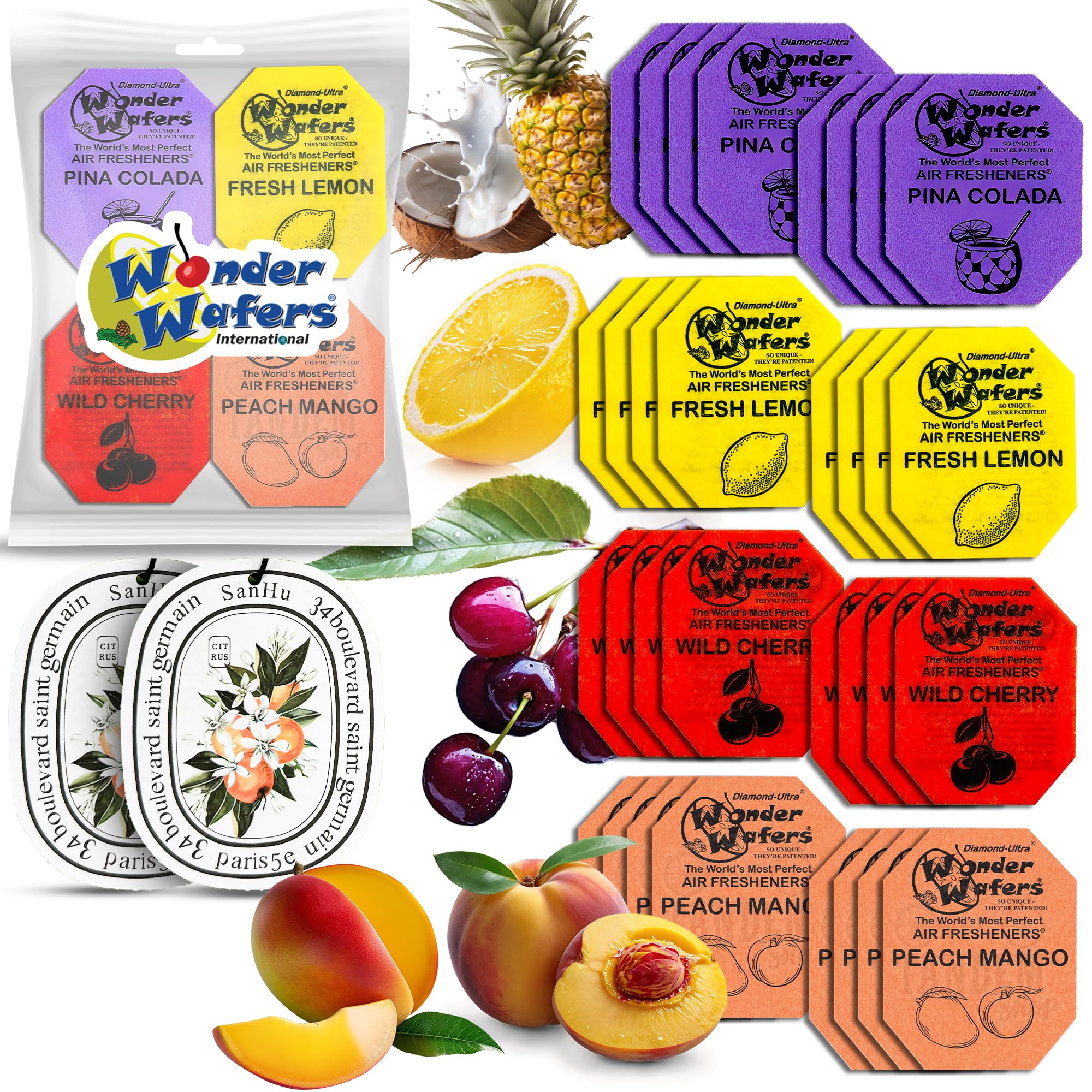 AROMAQUE's Bundle of 36 Count Fruit Scented Wonder Wafers 9 Each of Peach Mango, Wild Cherry, Fresh Lemon, Pina Colada with Two AROMAQUE's Scented Car Freshener Cards