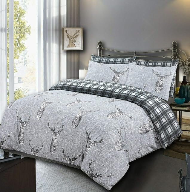 Luxury Duvet Cover Set 200 Thread Count 100% Rich Cotton Bedding Sets Quilt Covers Single Double King Super King Size With Pillow Cases (Stag Silver, Double)