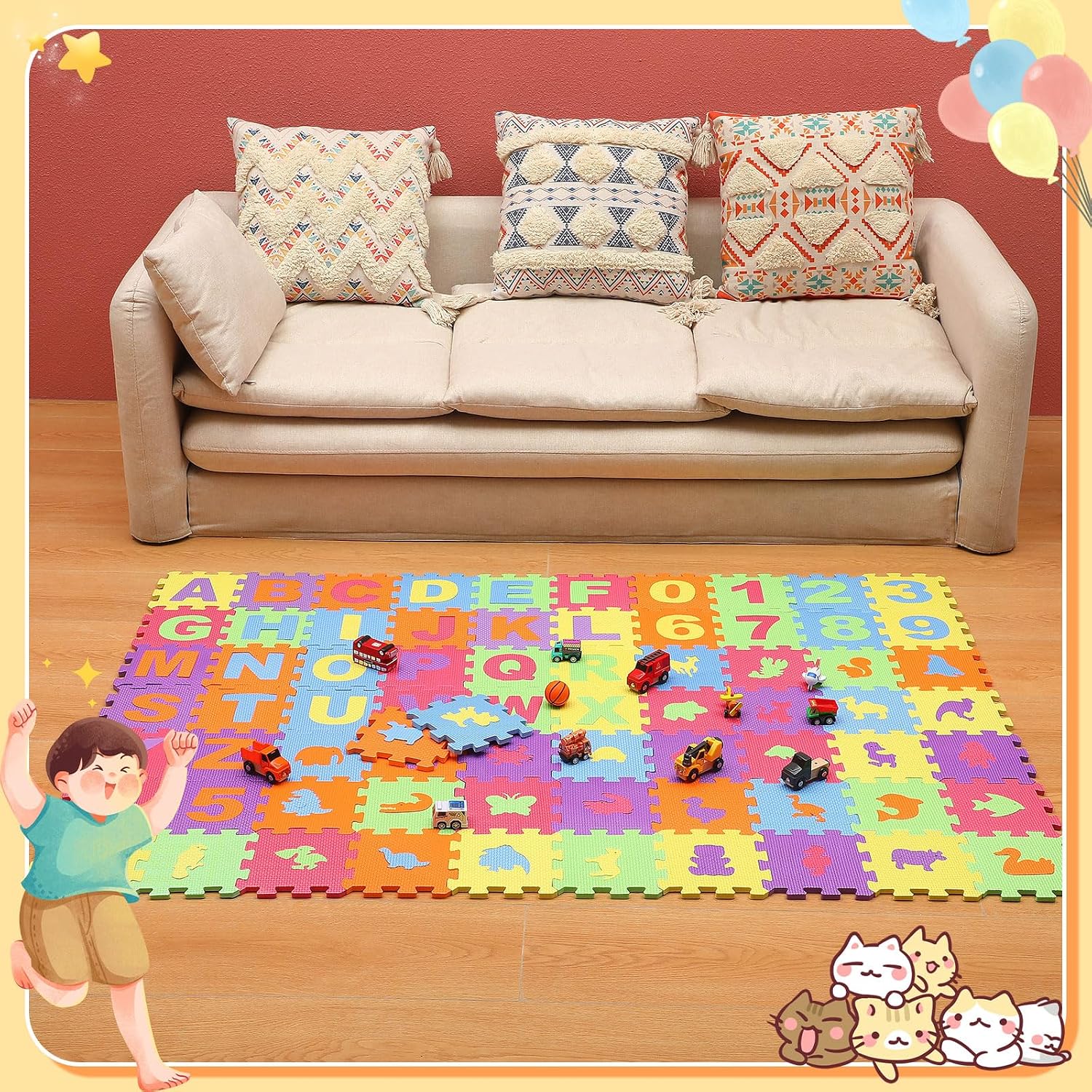Nuanchu 72 Tiles Foam Puzzle Play Mat Set, Kids Puzzle Exercise Mat Separable Alphabet, Numbers & Animals Pattern Interlocking Floor Foam Rug for Home Kindergarten Nursery Play Room