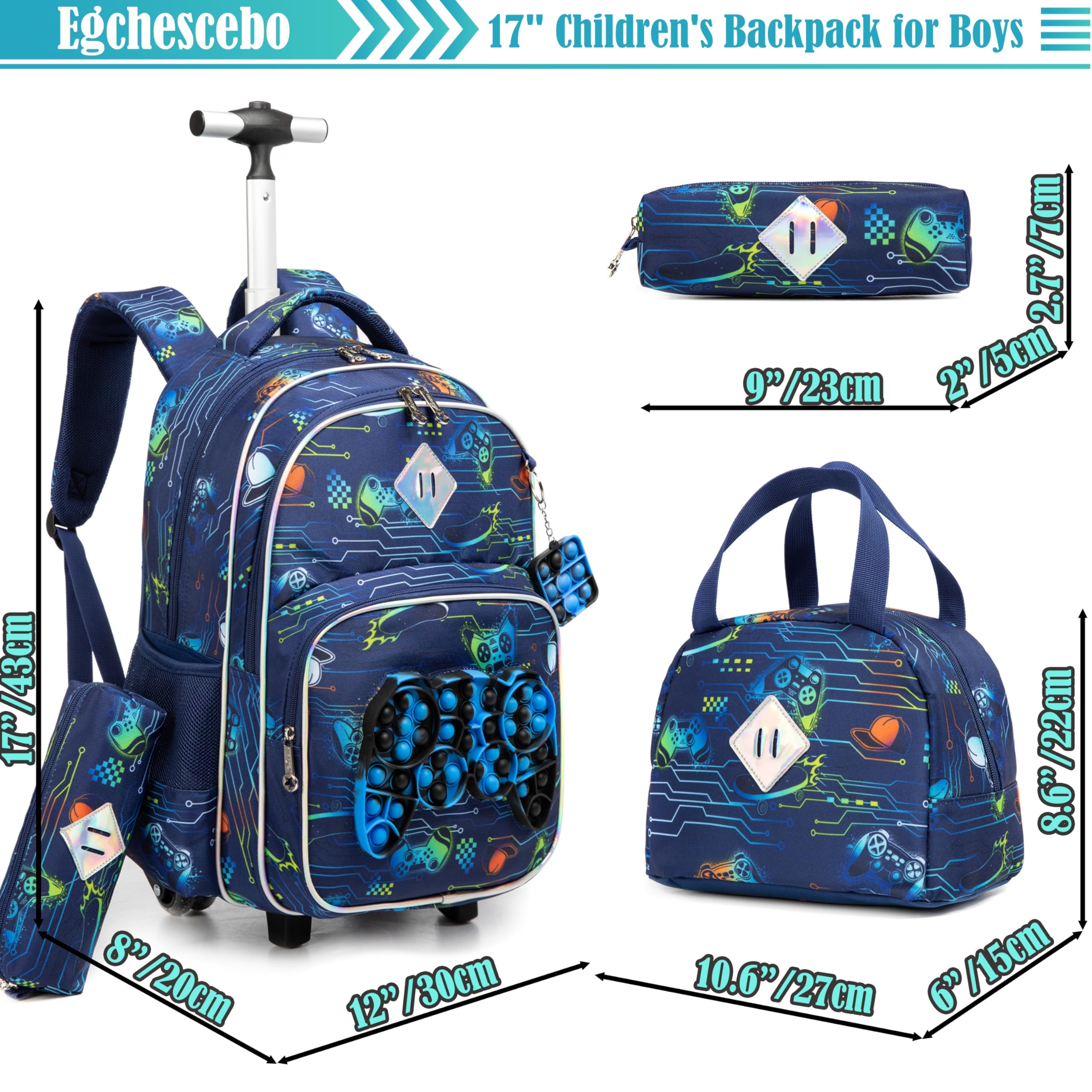Kinder Rolling Gamepad Rucksack für Jungen Gepäck Koffer mit Rädern Trolley gerollt POP Roller Rucksäcke für Elementary Travel School Bags 17“ 3PCS Spielzeug Rucksack mit Lunch-Box Blau