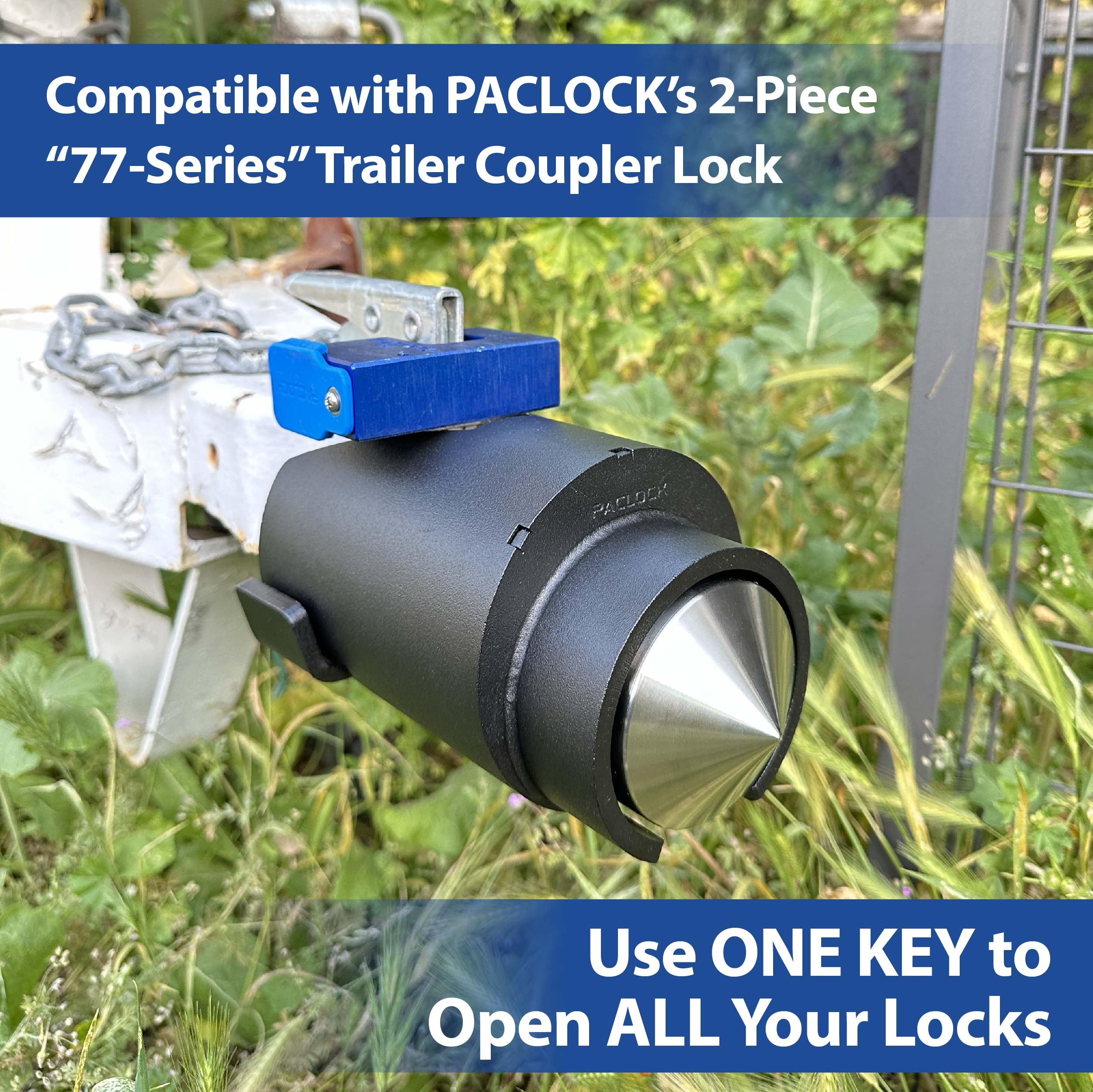 PACLOCK | UCS-88A blokada łącznika przyczepy | anodowane aluminium | 6-pinowy cylinder | klucz inaczej | ukryta szekla | wysokie bezpieczeństwo | niebieski L8