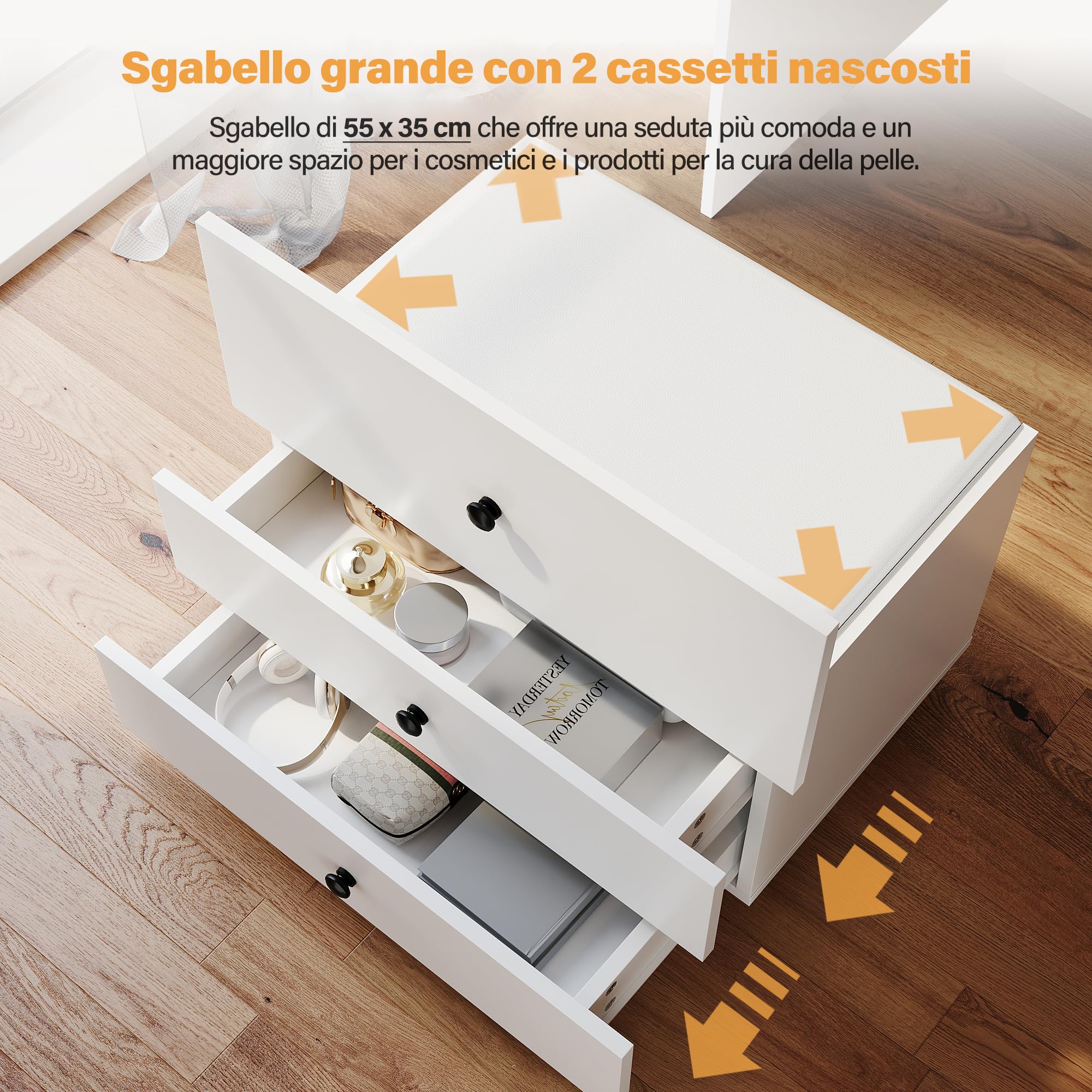 SONNI Toletta Con Luci E Cassetti Per Camera Da Letto, Armadio 2 In 1 Design, Bianca Con Sgabello E Specchio Pieghevole, 60x83x45cm