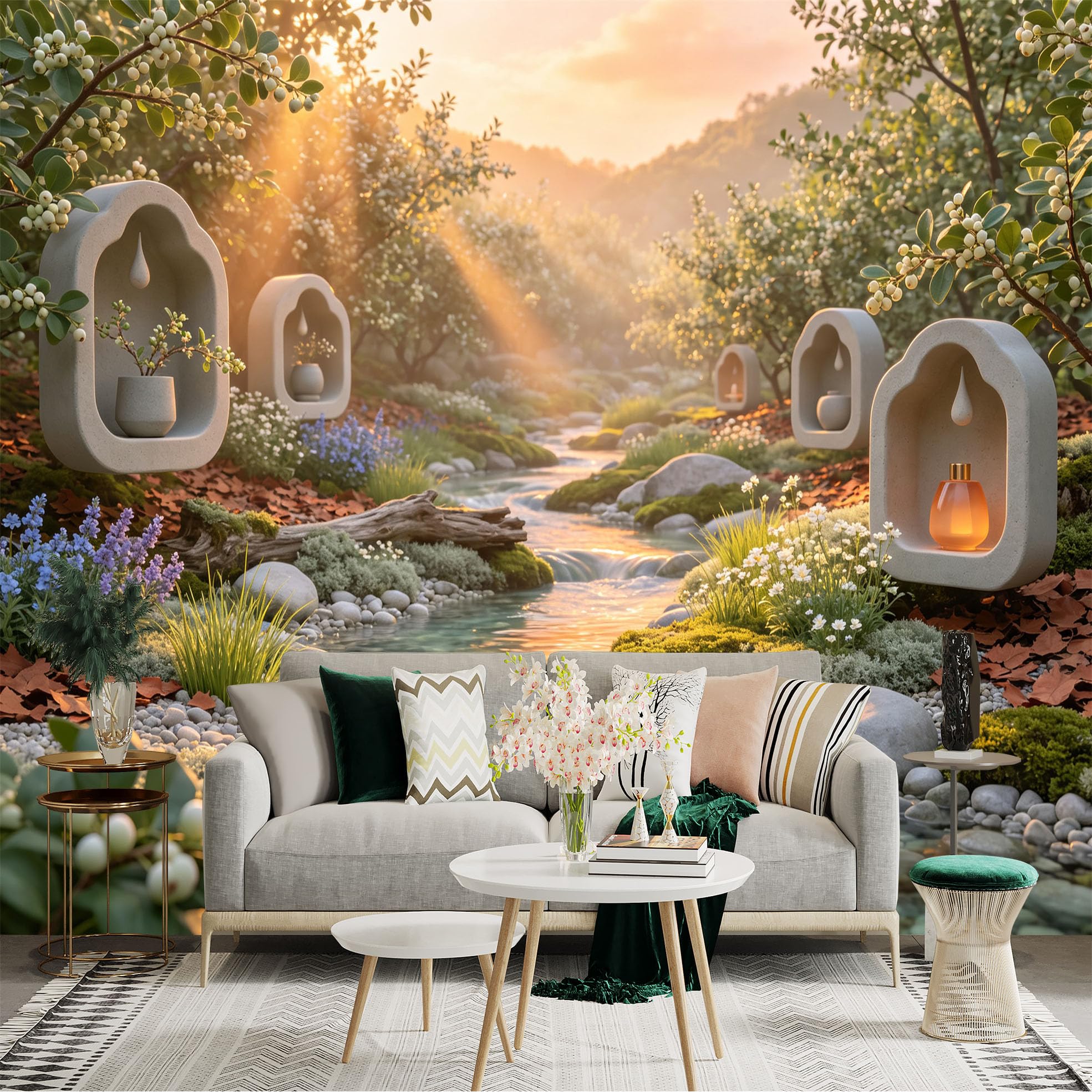 Lnzczhyre Bh260719570 Custom Size Wall Sticker Mural， Serene Forest Stream With Glowing Niche Lanterns， Misty Woodland Morning， For Wall Decoration， Peelandstick Wall Decals.