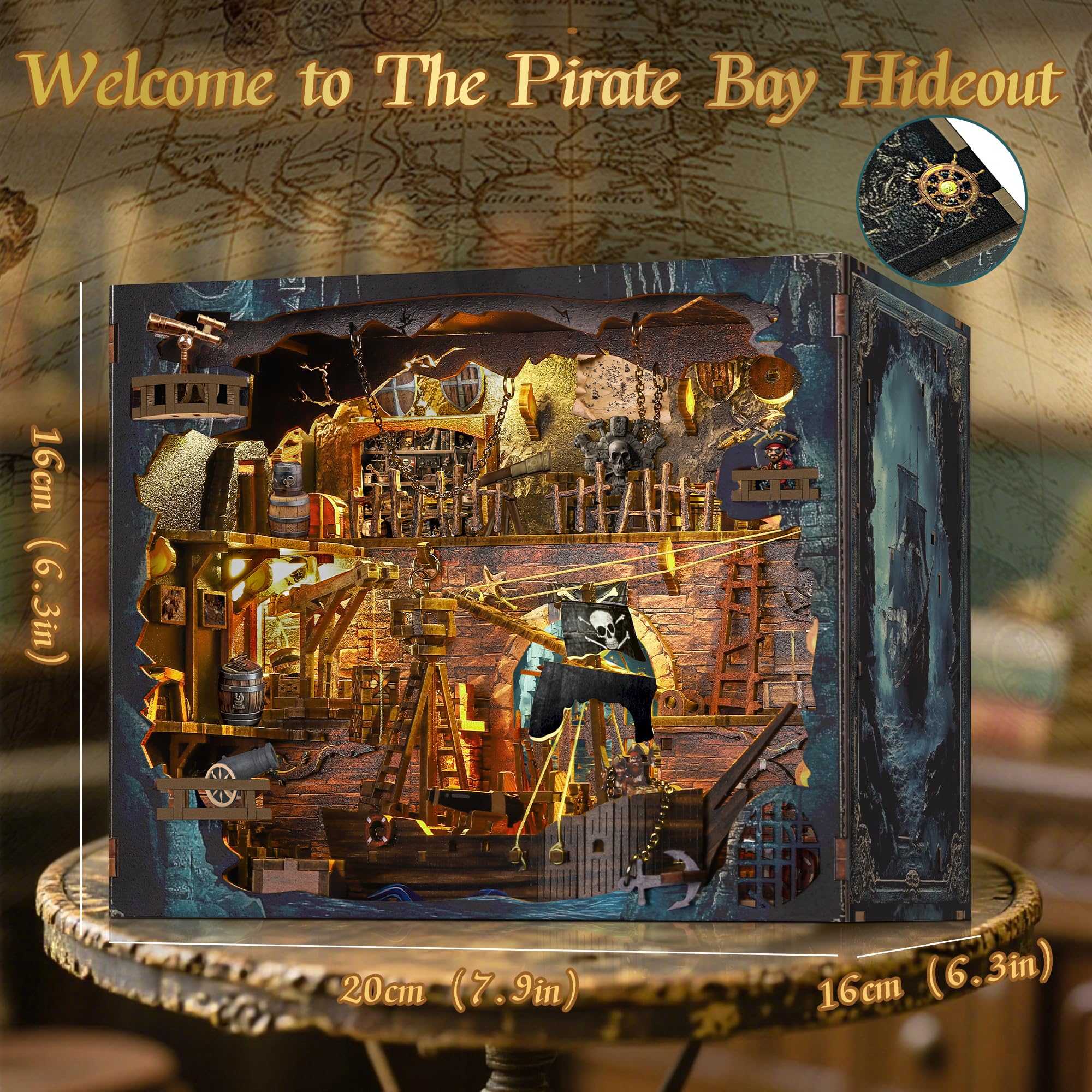 NookMaster Book Nook Kit DIY Miniature Dollhouse Piratenbucht, 3D Holzbausatz mit LED Licht und Staubschutz, Geschenke für Erwachsene Bücherfans