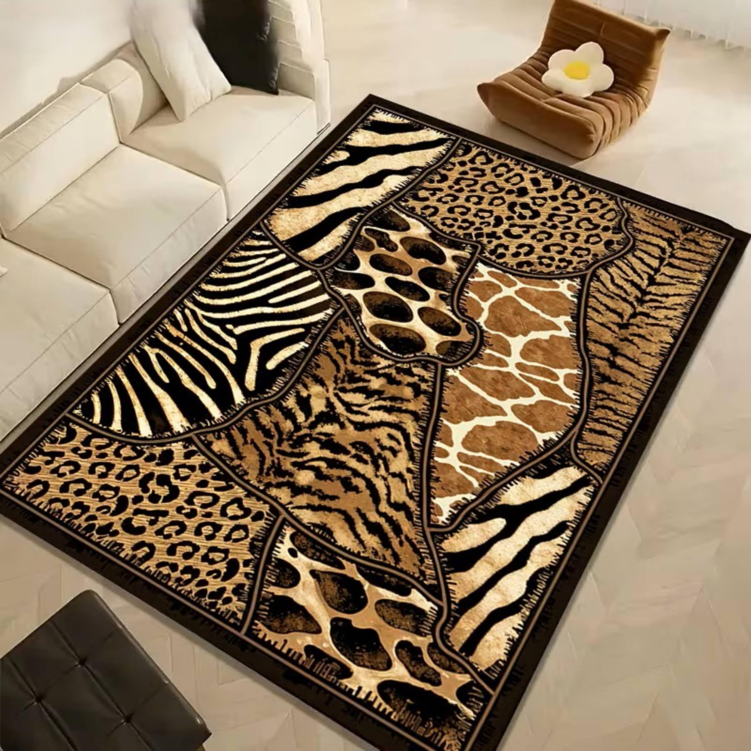 SOJAWA Multi-Patterned Zoned Rug 180x230cm Multi-Animal Print Patchwork Rugs, Vintage Dark Color, Non-Slip, Machine Washable, Soft Flannel Material, Suitable for Bedrooms, Entryways, Home Decor