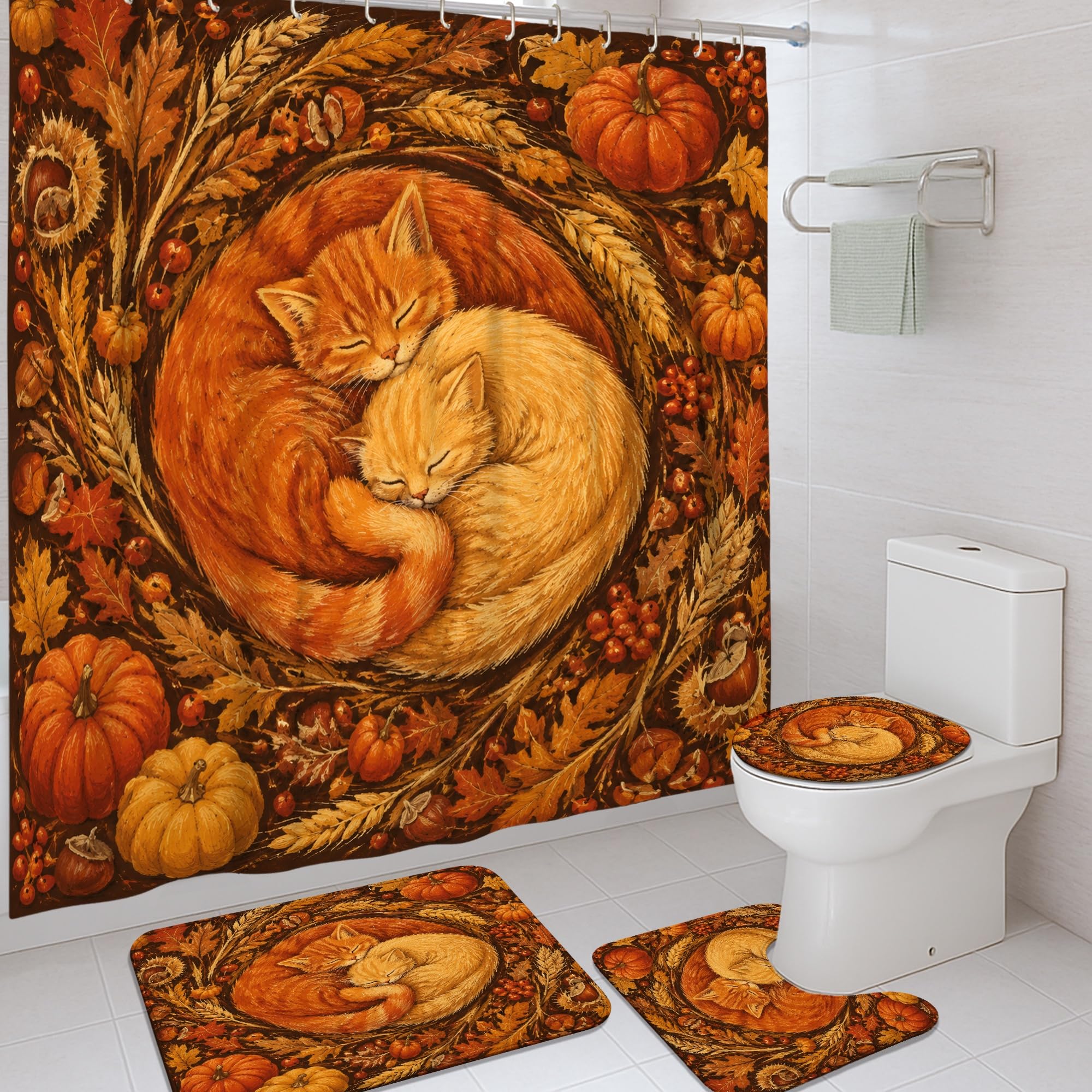 Rideaux de douche chats mignons motif citrouille pour une salle de bain cosy