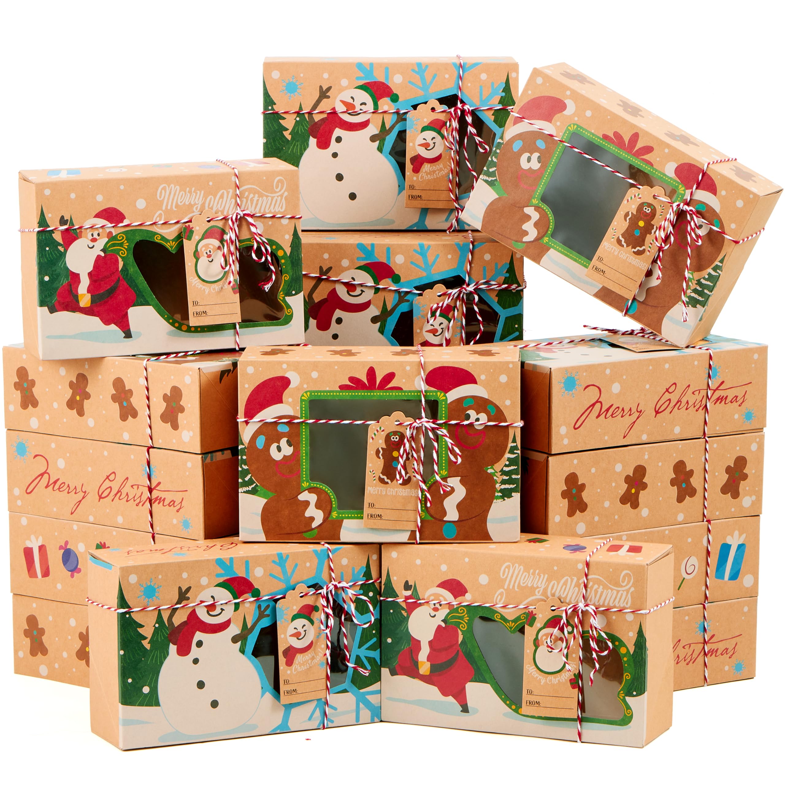 JOYIN 24 PCS Christmas Cookie Gift Baking Box 8.75" x 5.75" x 2.75” with Window Auto-Popup, Xmas Holiday Treat Boxes Containers with Tags for Party Favor Pastries, Cupcake, Brownies, Donut Gift-Giving