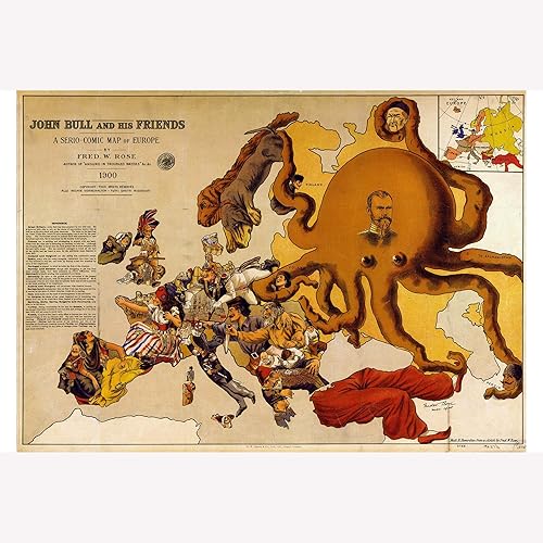 Mapa de Europa - 1900 - John Bull y sus amigos - Mapa alegórico antiguo - 24 x 36 pulgadas