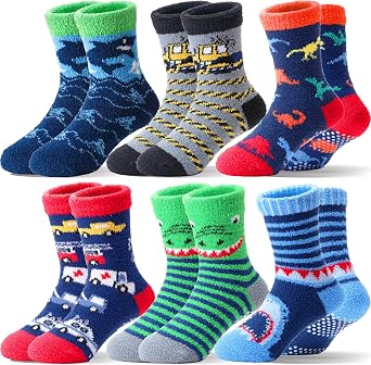 Welwoos Kids Boys Toddlers Fuzzy Slipper Socks with Grips Non Slip Warm Fluffy Winter Thick Fun Cozy Hospital Socks 6 Pairs