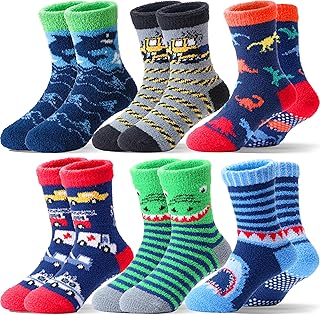 Kids Boys Toddlers Fuzzy Slipper Socks with Grips Non Slip Warm Fluffy Winter Thick