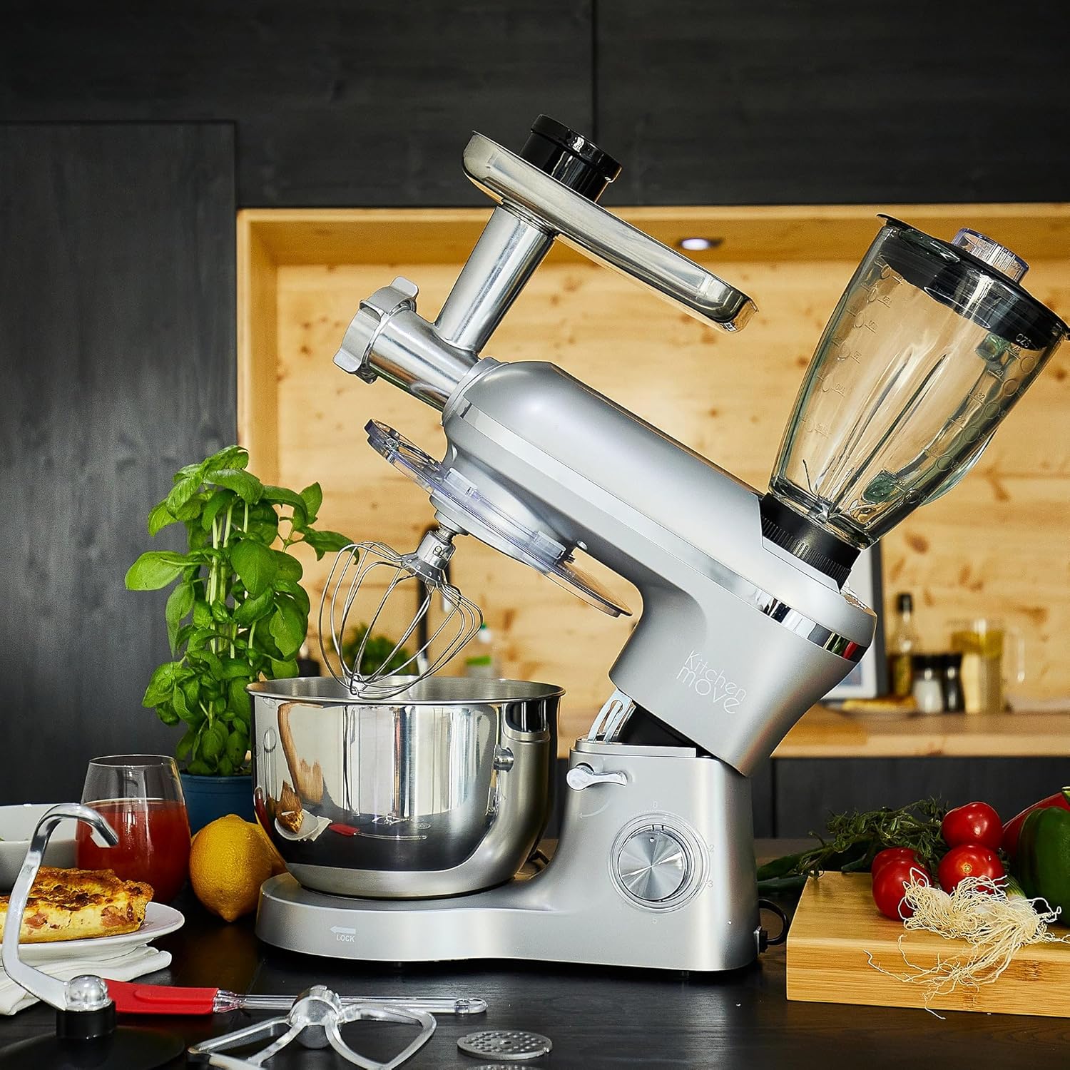 KITCHEN MOVE VIPER PRO Stand Mixer with head tilted up, showing whisk and bowl