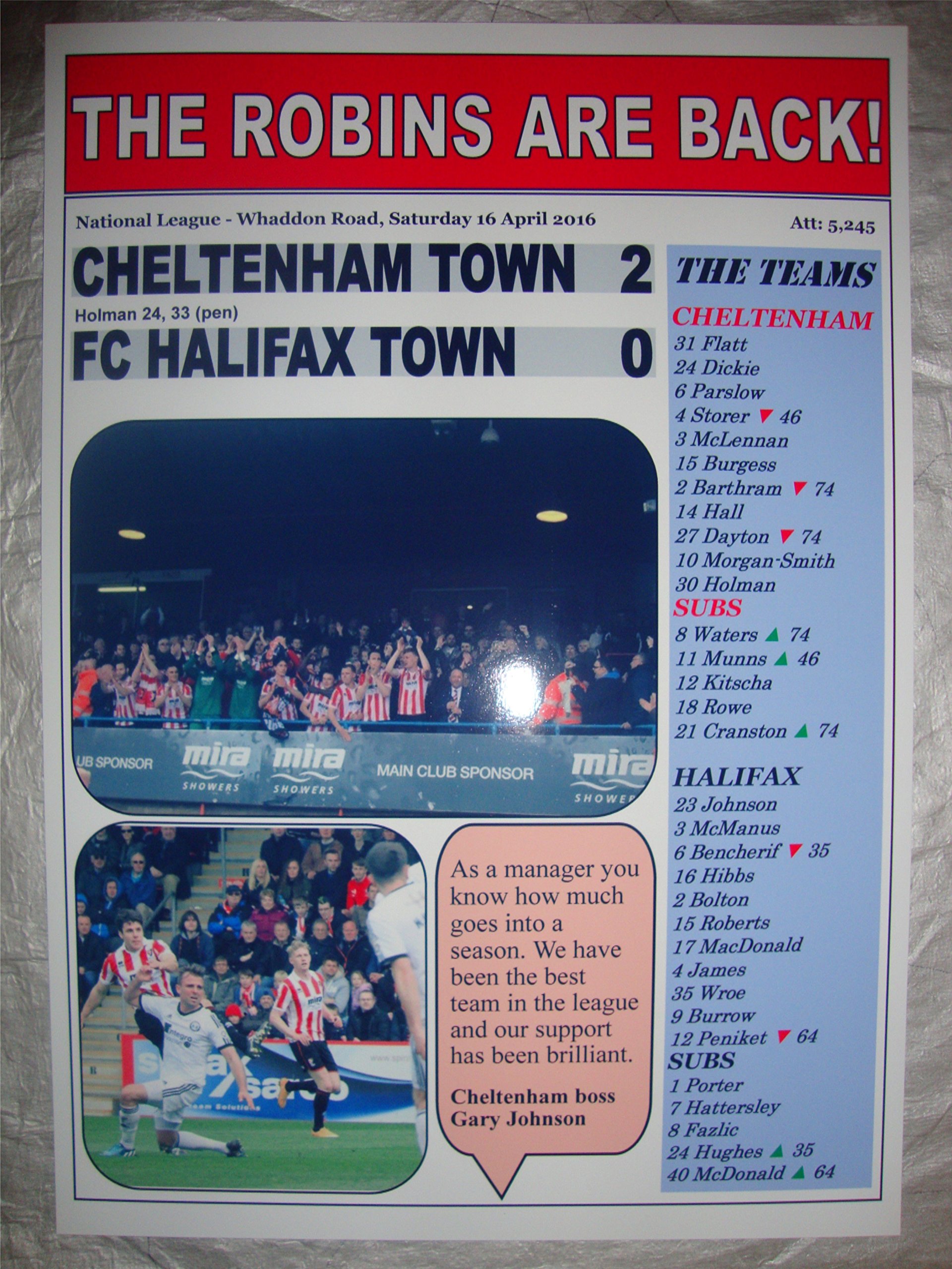 Lilywhite Multimedia Cheltenham Town 2 Fc Halifax Town 0 - Cheltenham Champions - 2016 - Souvenir Print