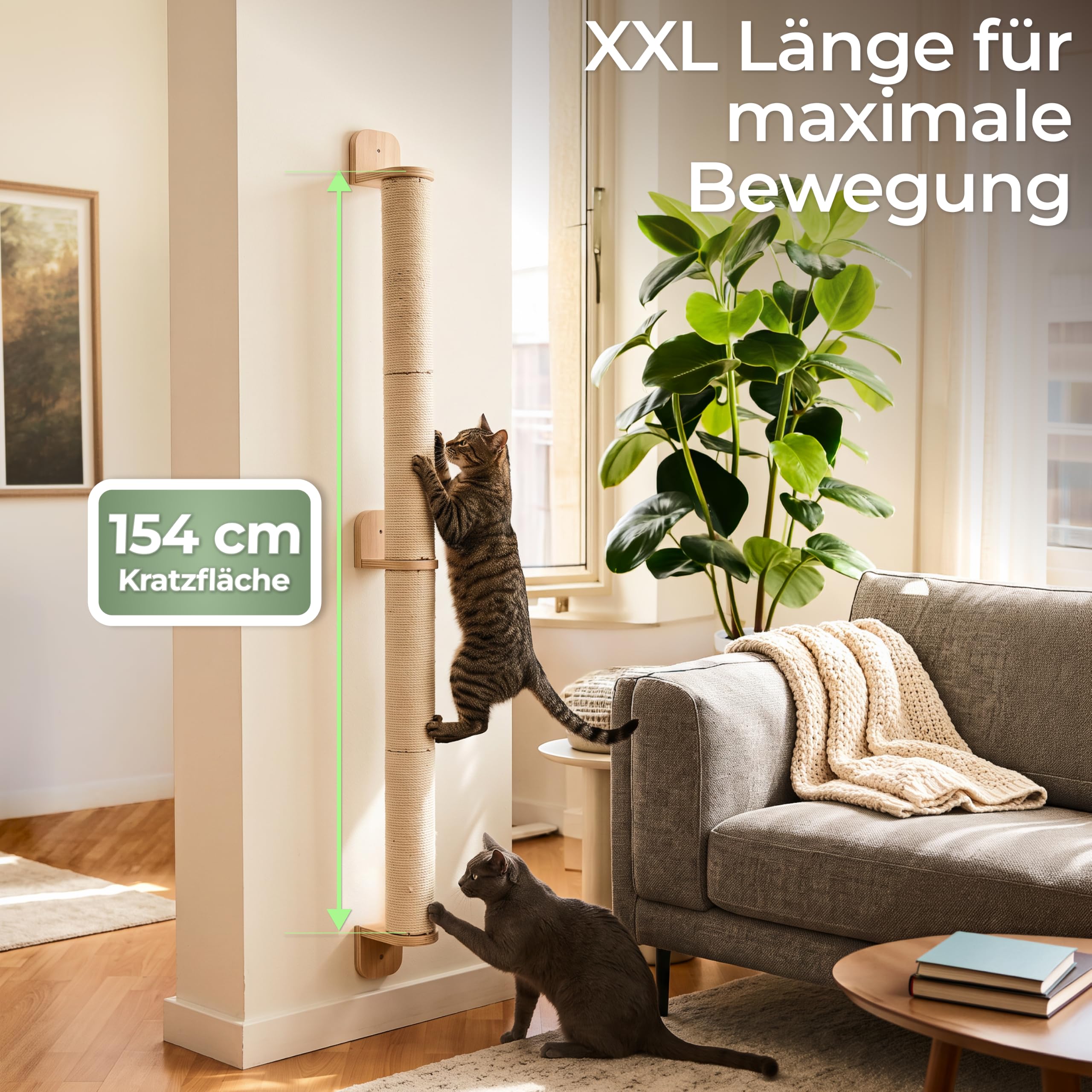WOOWOOD Kratzsäule XXL 154 cm, Kratzstamm Wandmontage, Natursisal