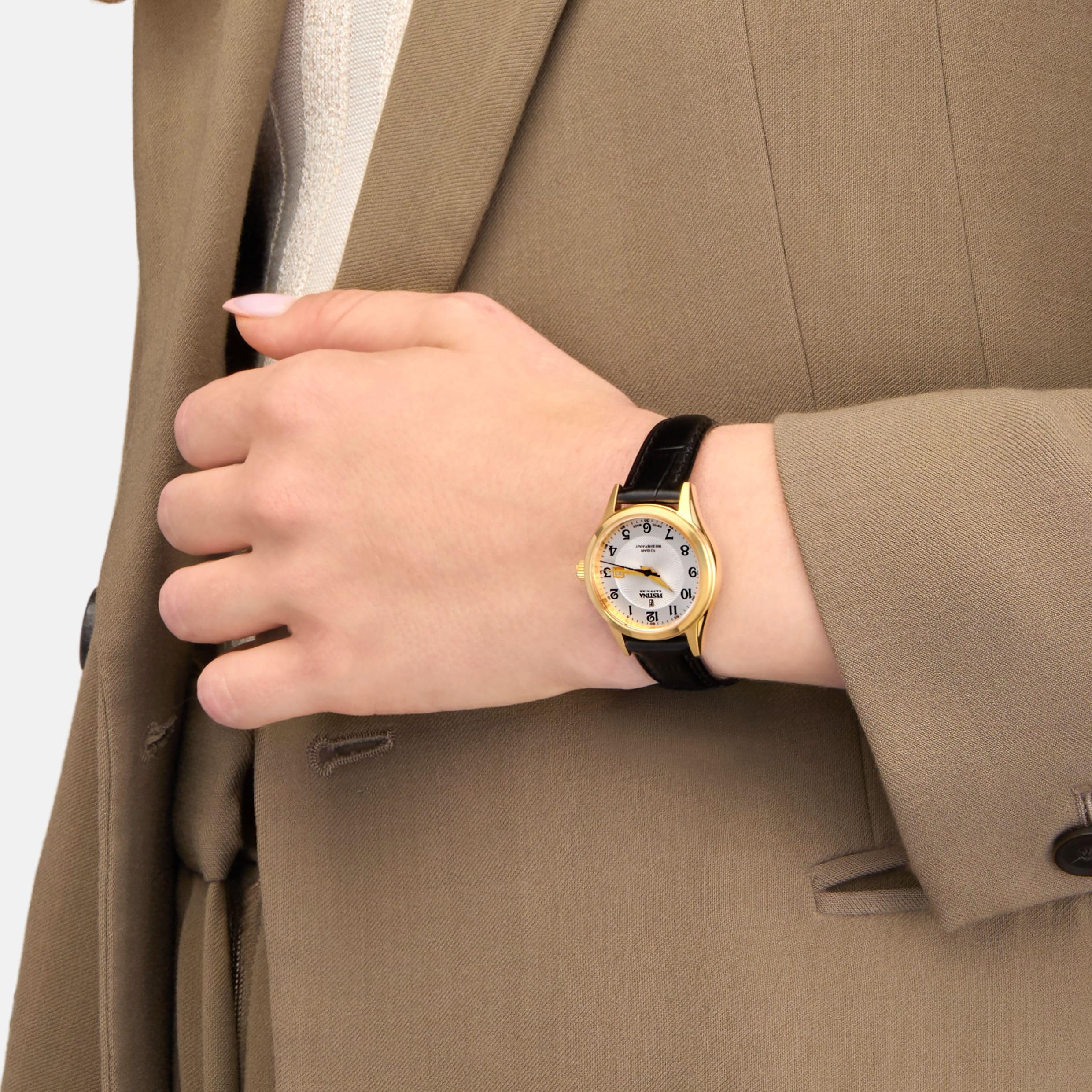 Festina F20011/5 Zegarek damski Swiss Made Złoty Skórzany pasek ze stali nierdzewnej Czarny, Szary, Klasyczny