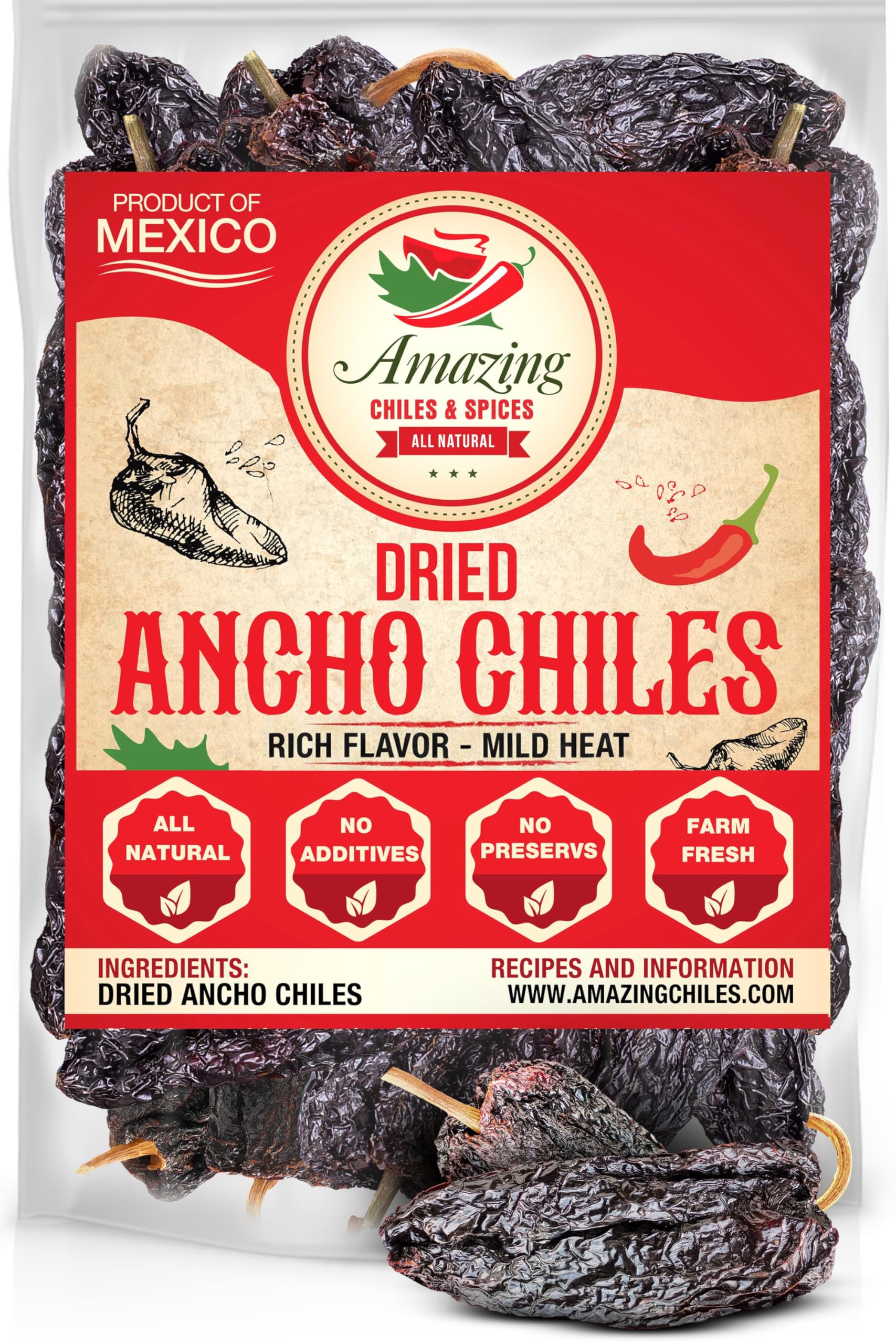 Dried Ancho Chiles Peppers 4 oz – Natural & Premium for Authentic Mexican Mole, Sauces, Stews, Salsas, and More! Sweet & Smoky Flavor with Mild to Medium Heat to Elevate Your Favorite Recipes.
