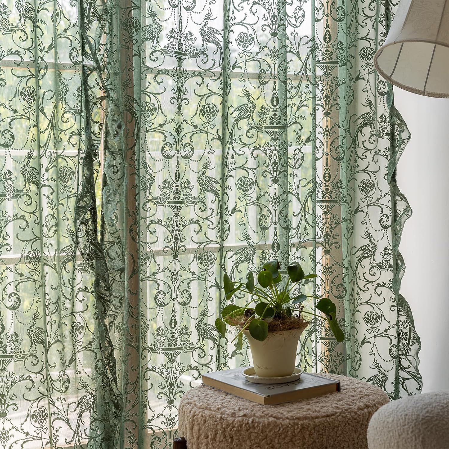 Green Sheer Curtains 108 Inch Long for Living Room - Shabby Chic Lace Floral Ruffled Curtains Elegant Knitted Privacy Rod Pocket Emerald Green Spring/Summer Decor1 Pair, 59 x 108 Inch