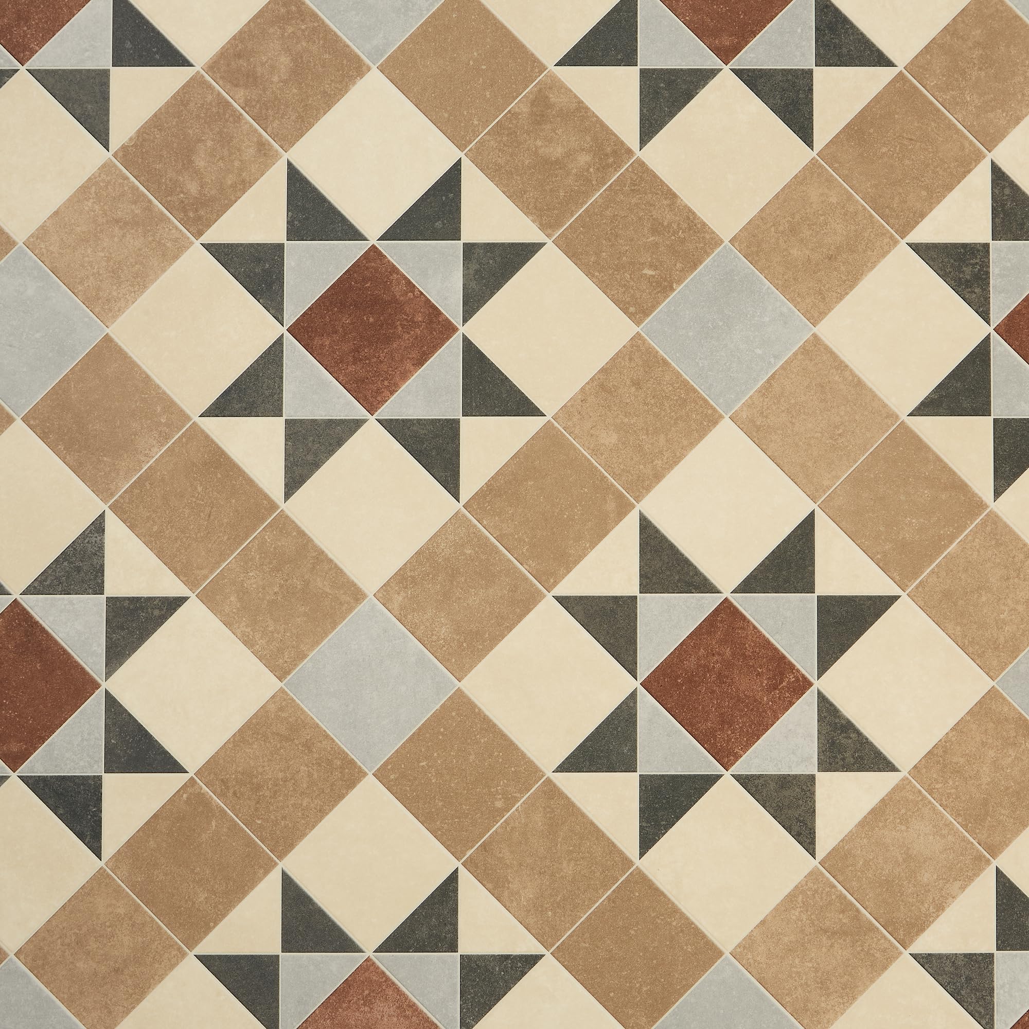 Tile Effect Vinyl Flooring Roll Brown & Beige Victorian Felt Back Lino Flooring for Kitchens, Bathrooms and Hallways 2m 3m Width 2m To 7m Length (Brindley, 2m x 2m)
