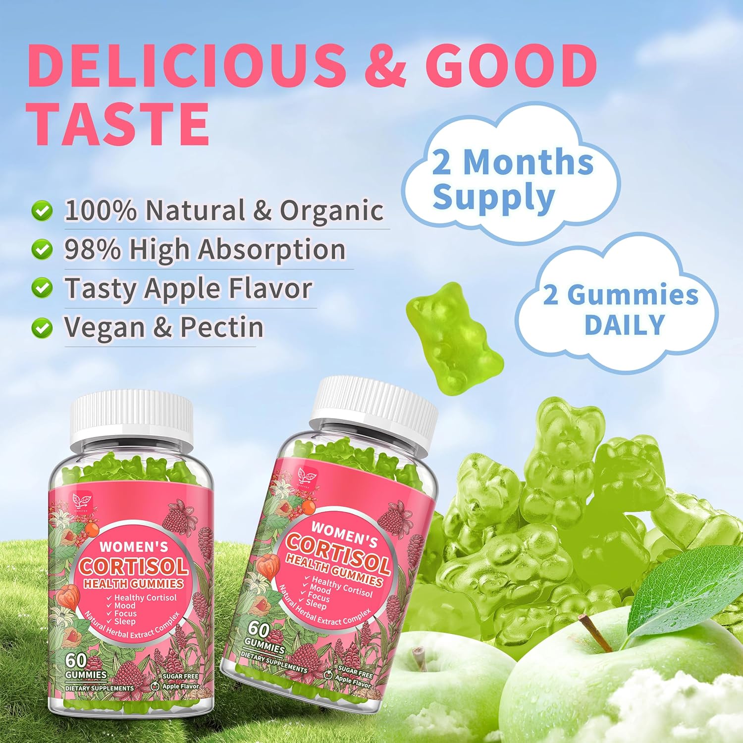 (2 Pack) Cortisol Gummies for Women,Cortisol Manager with Ashwagandha,Magnesium,L-theanine,Phosphatidylserine,Rhodiola Rosea,Black Pepper for Mood Support,Sleep,Apple Flavor,60 Day Supply - Image 7