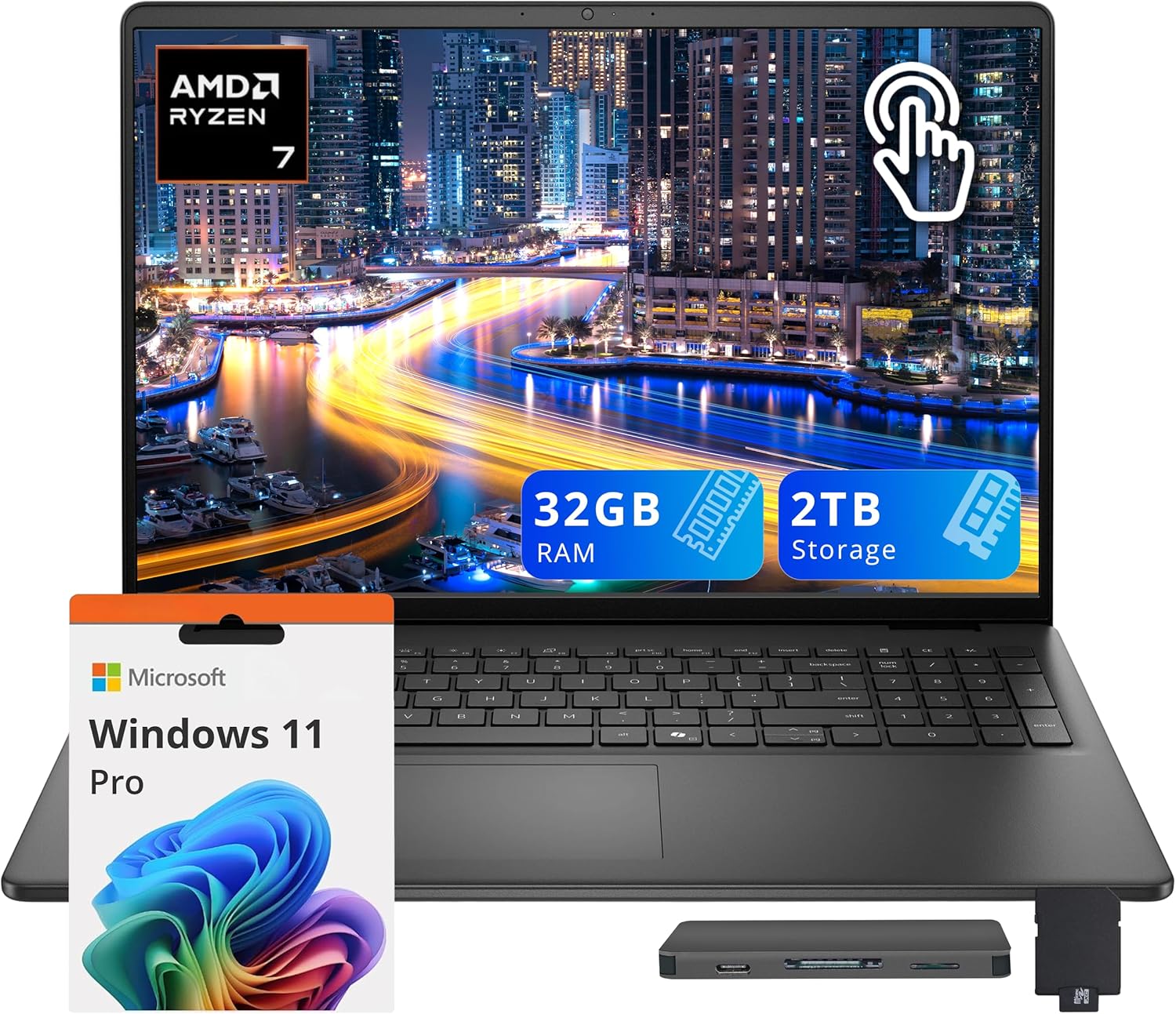 Dell 16" FHD+ Touchscreen Business Laptop, AMD Ryzen 7 250, 32GB DDR5, 2TB Storage(1TB SSD+1TB Docking Station Set), AMD Radeon Graphics, Backlit Keyboard, HD Webcam, Wi-Fi 6, Win 11 Pro, Black