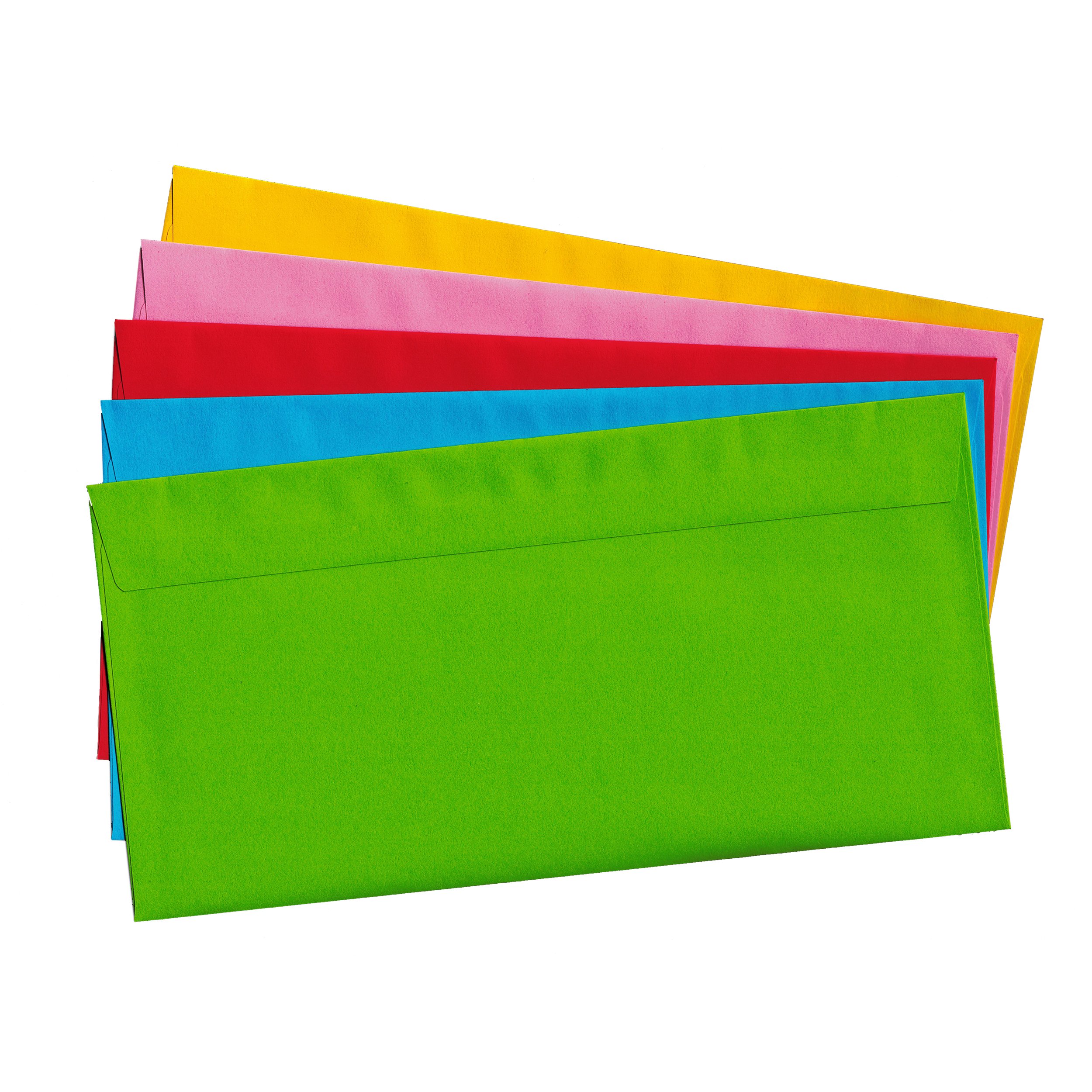 100 enveloppes sans fenêtre, DIN longues, colorées 5 couleurs assorties, adhésif humide, enveloppe