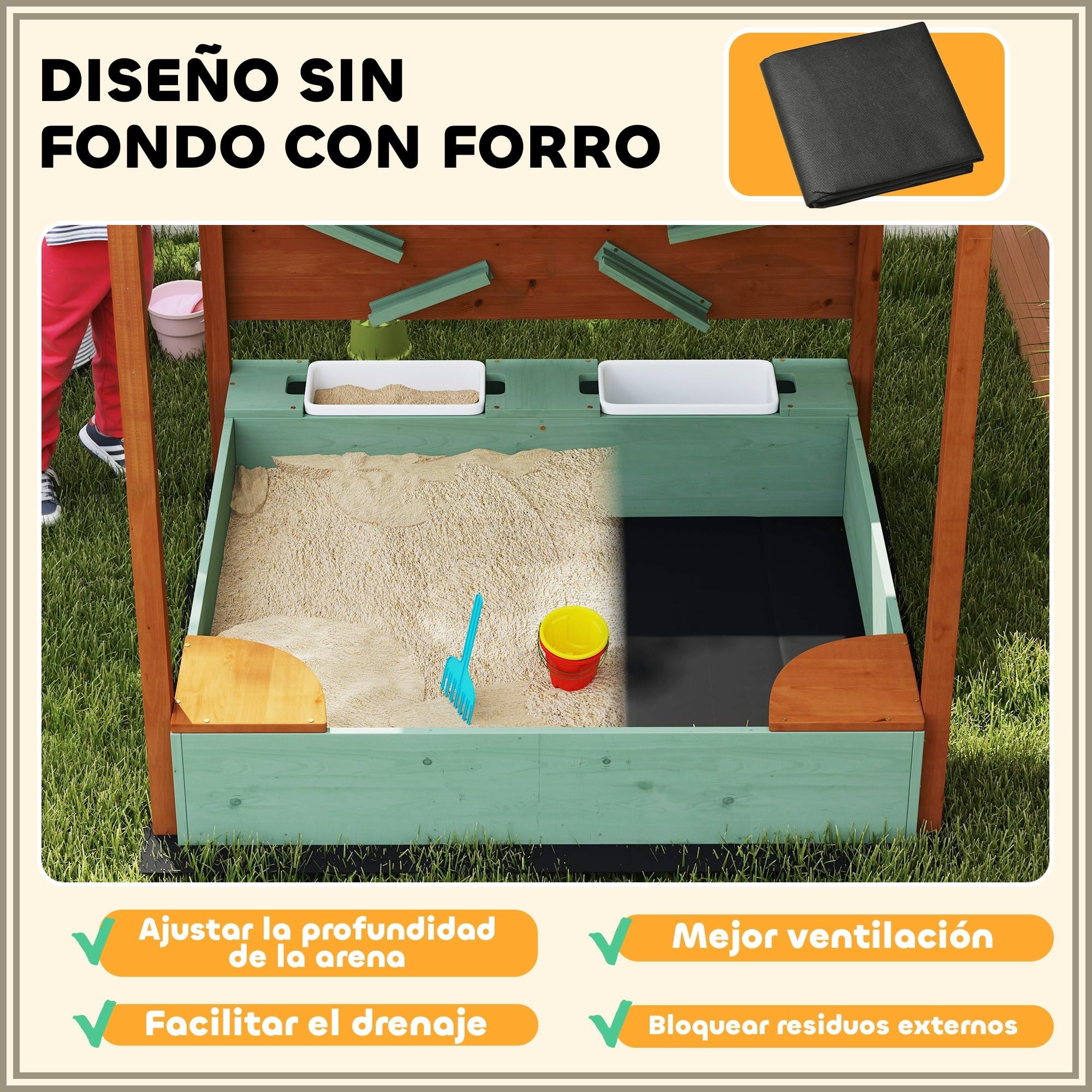 AIYAPLAY Arenero para Niños de Madera con Techo 116x112,5x128 cm Verde
