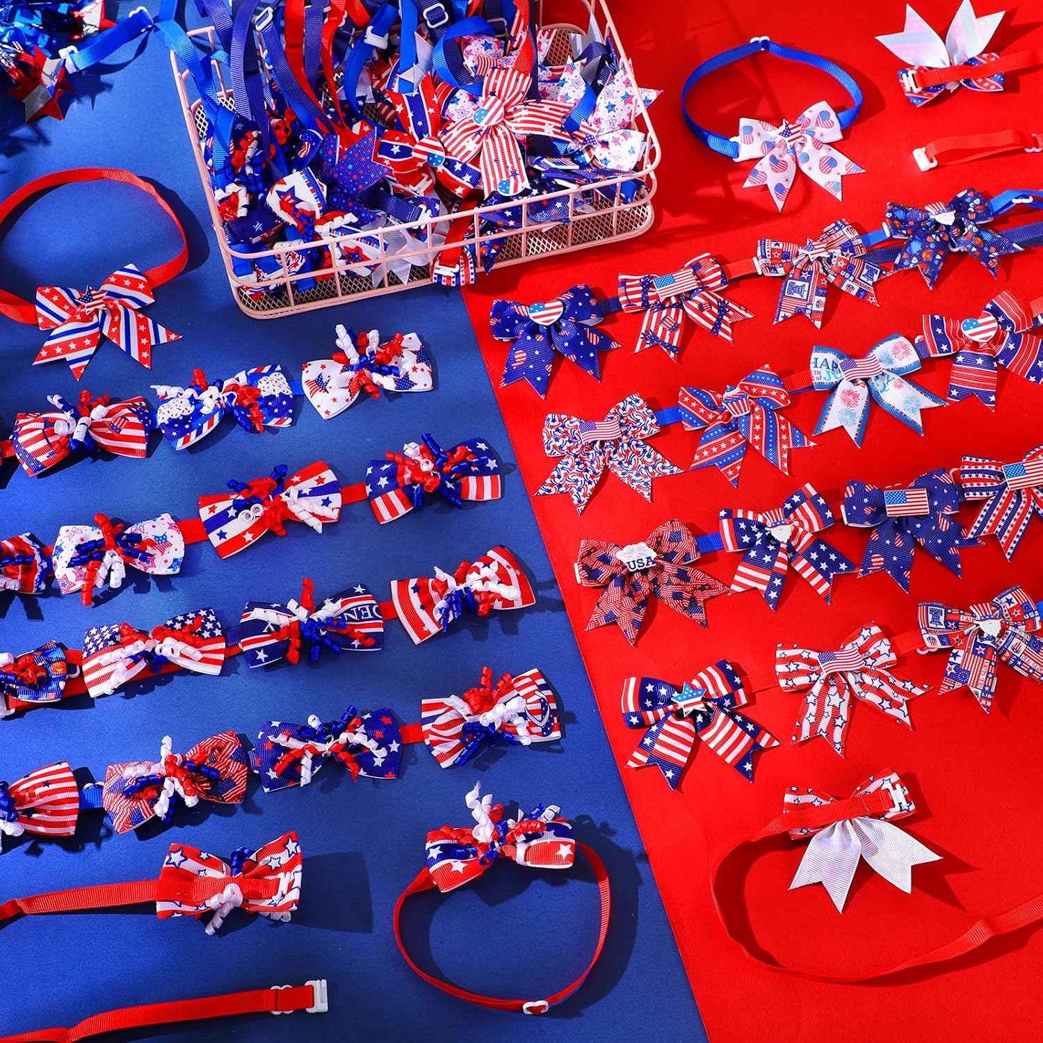 Huhumy 100 Pcs 4th of July Patriotic Dog Bow Ties Bulk American USA Flag Pet Collar Neckties Adjustable Independence Day Red White Blue Dog Collars for Small Medium Large Dogs Cat Memorial Day
