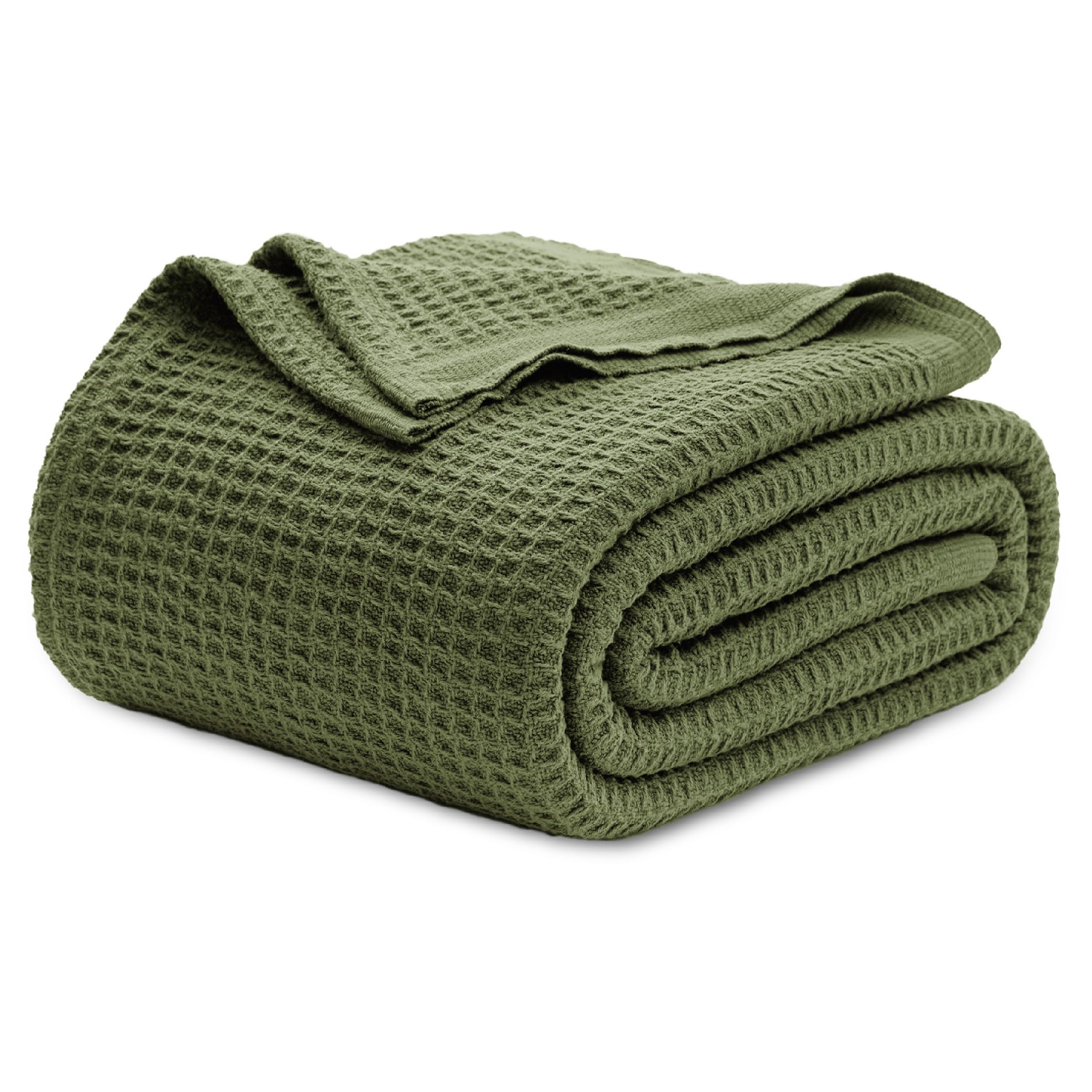 Bedsure Gentlesoft 100% Cotton Blanket Queen Size for Bed - Breathable and Soft, Thick Cozy Waffle Weave Christmas Blanket Gift for Women, Olive Green, 90x90 Inches