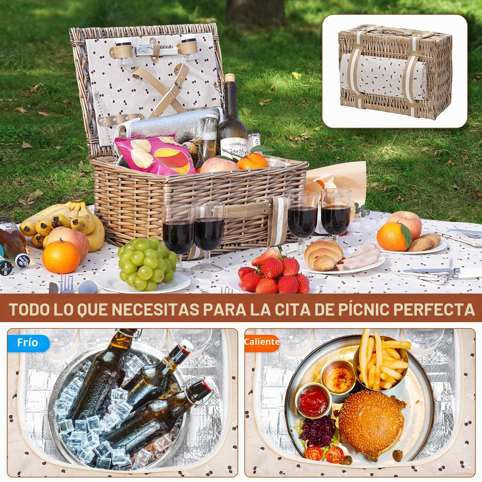 Juego de Cesta de Picnic Willow para 4 Personas con Bolsa térmica Grande y Manta Impermeable de Picnic, Cesta de Mimbre para Camping, al Aire Libre, día de San Valentín, Navidad, cumpleaños, etc.