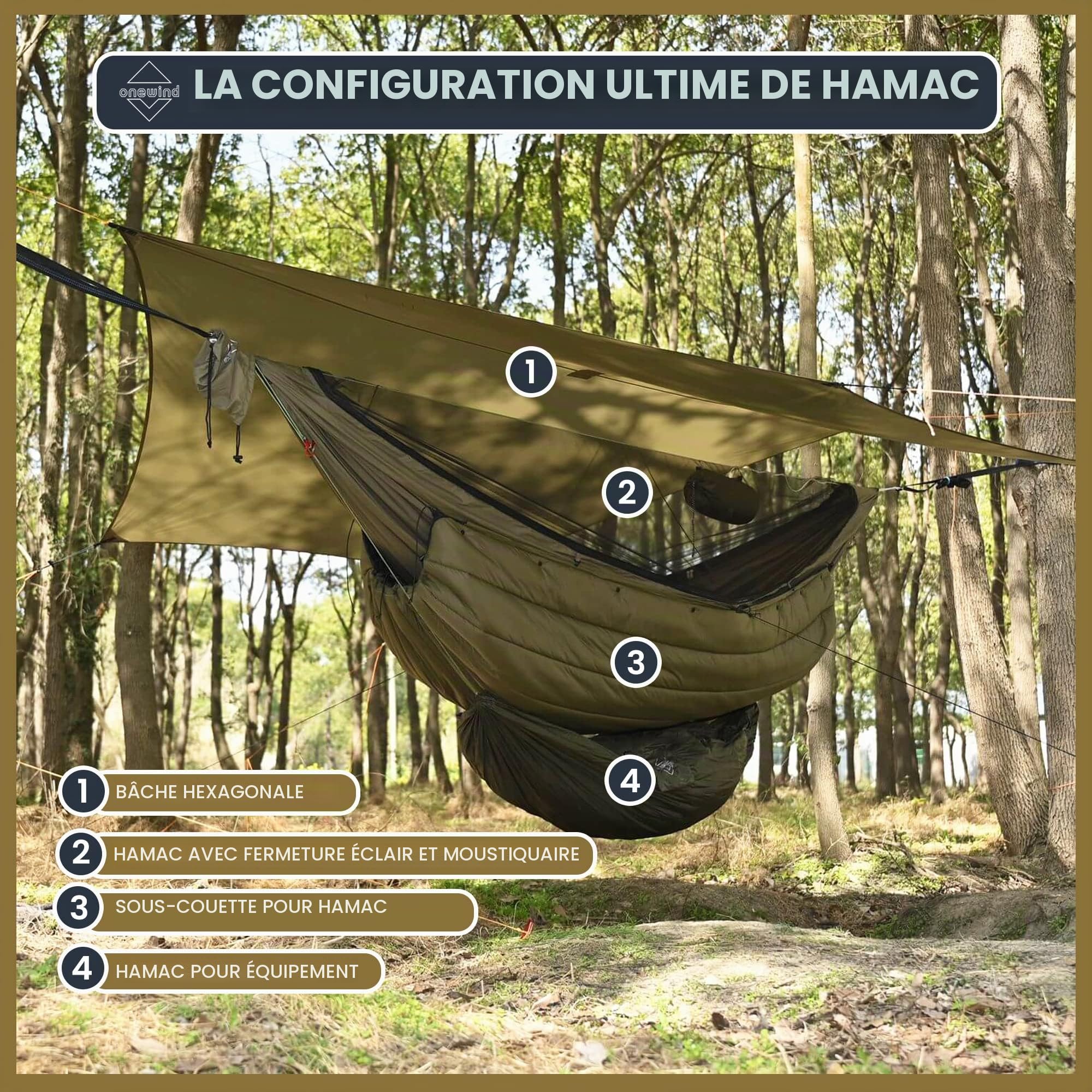 Onewind Hamac de camping de 3,7 m avec moustiquaire et structure Ridgeline, hamac double léger et portable avec sangles d'arbre de 3,7 m et bugnet, idéal pour le camping sauvage, la randonnée, la