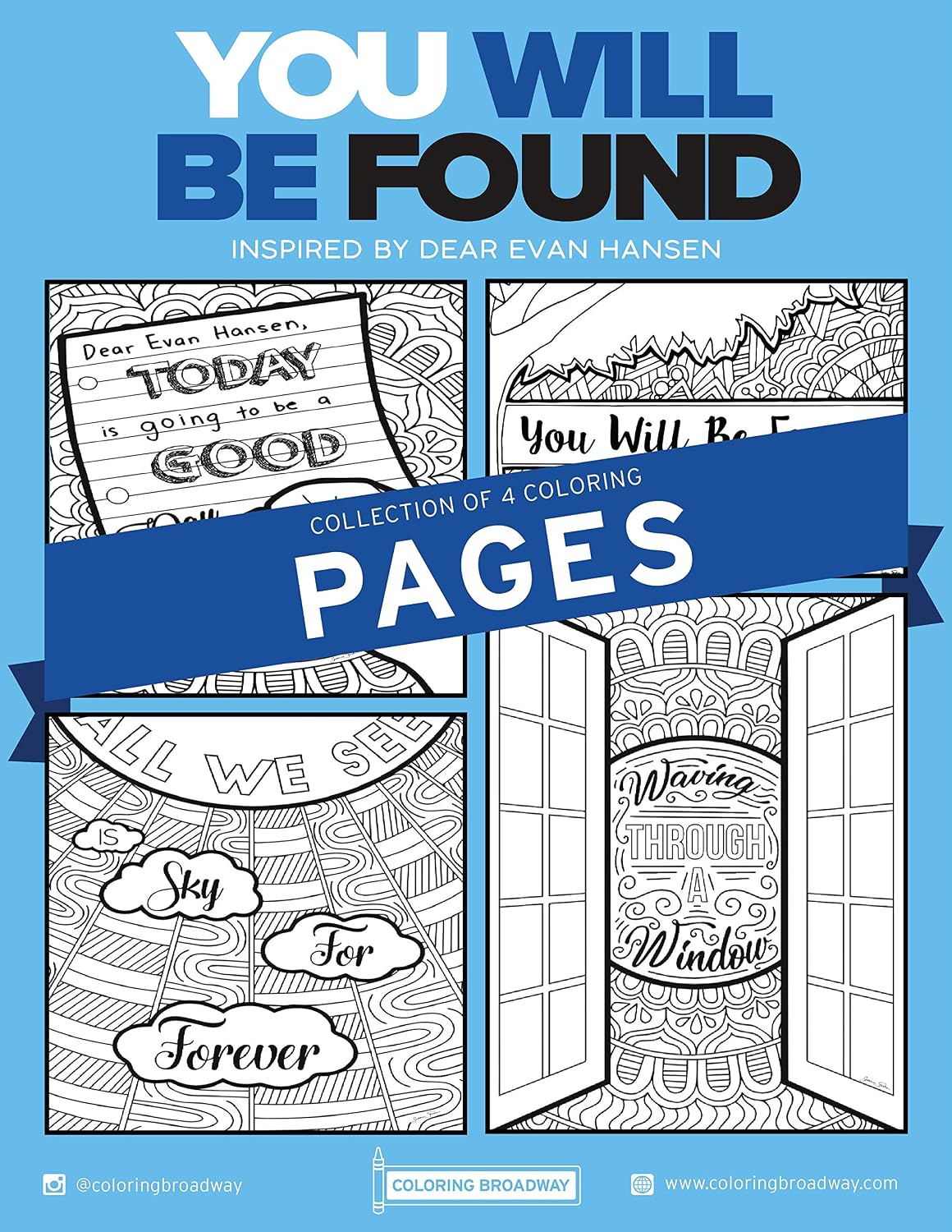 Coloring Broadway - Dear Evan Hansen Inspired Coloring Pages (Set of 4) “You Will Be Found” Collection, Broadway Musical Merchandise, Ideal Gift for a Broadway Theater Lover