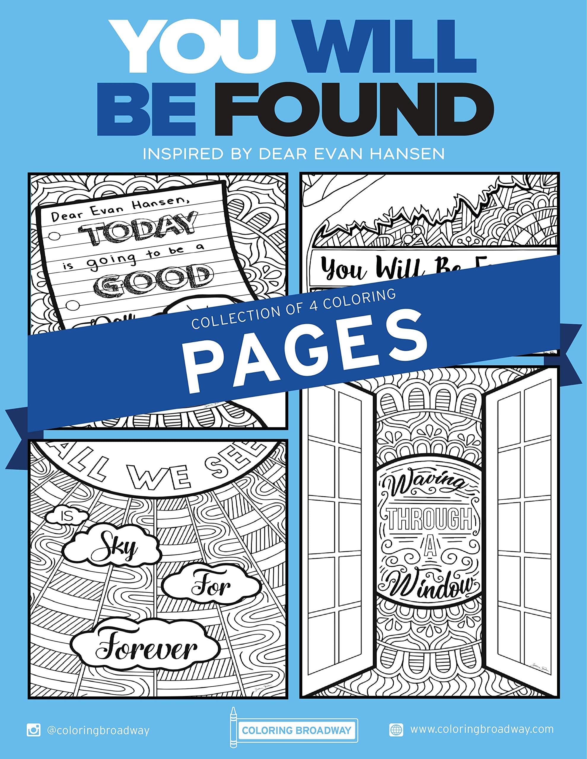 DEAR EVAN HANSEN | “You Will Be Found” Collection | COLORING PAGES by Coloring Broadway | Hand-drawn illustrations - Printed on matte card stock (8.5" x 11") - Set of 4 Individual Pages