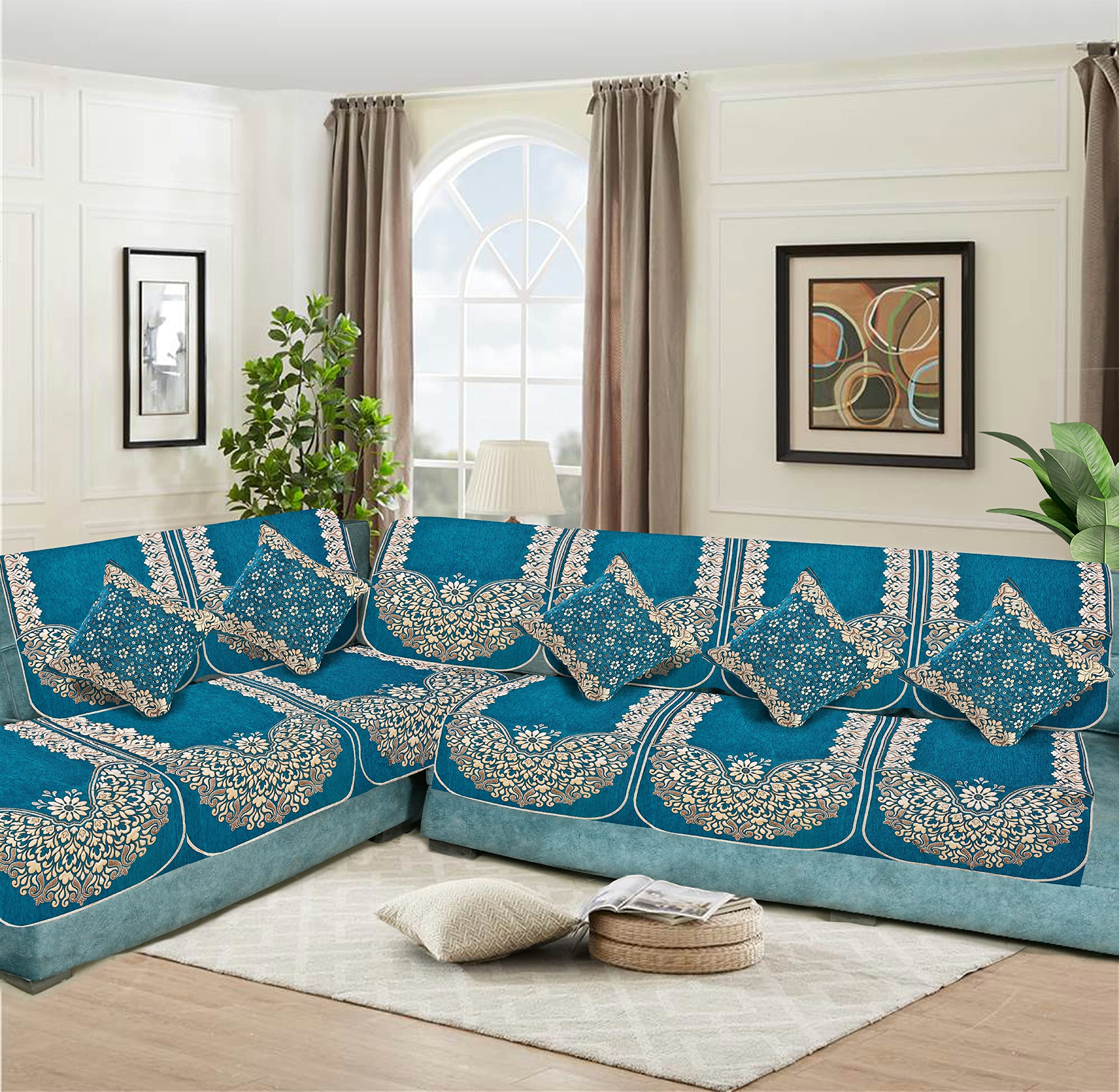 SAWNA HOMES Velvet L Shape 6 Seater Sofa Cover Set with 5 Cushion Cover | 3+2+1 Seater Sofa Cover for Living Room, Drawing Room | Sofa Seat Protector Slip and Back Covers, 10 Pieces (Sky Blue)-image-22