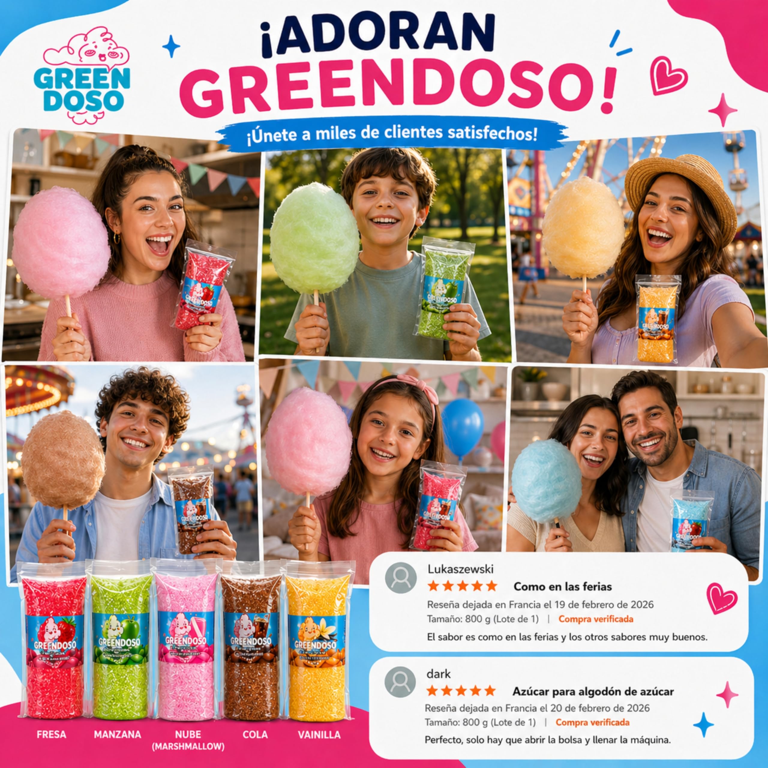 Greendoso Azúcar para Algodón de Azúcar (5x160 g) Fresa Cola Manzana Malvavisco Vainilla Aromas Naturales 20 Palitos 8 Caritas Comestibles