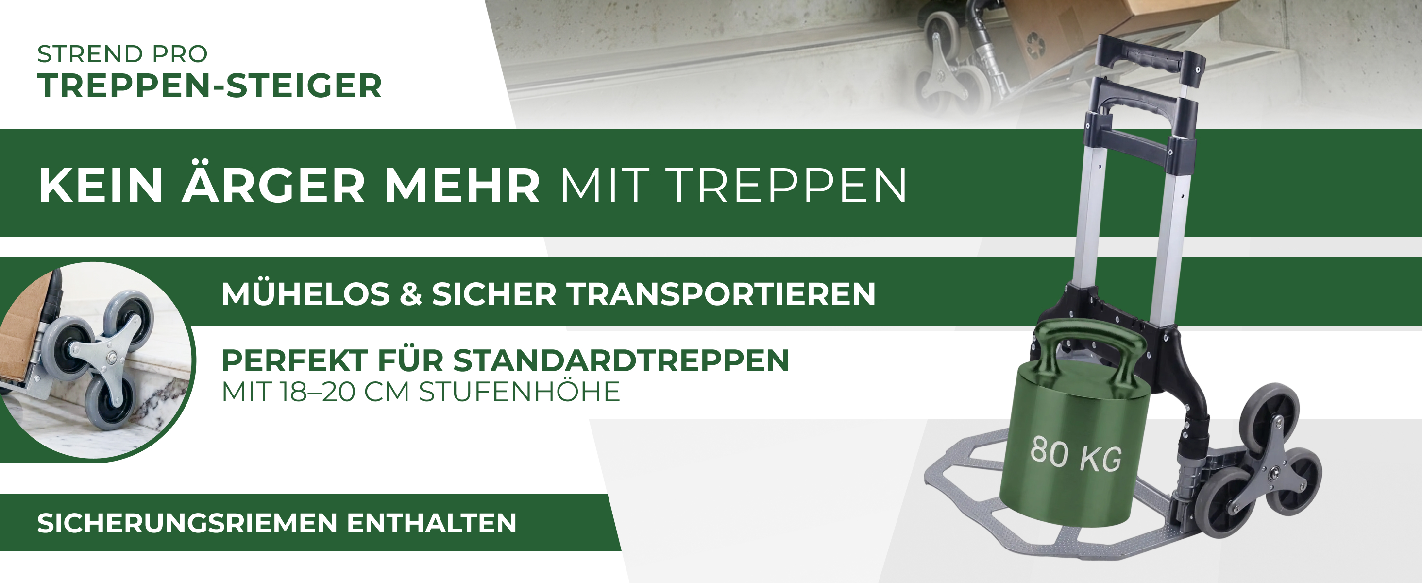 STREND PRO Sackkarre Treppensteiger 80kg – Klappbar, 3-Rad-System, Höhenverstellbar, Ultraleicht 3,6kg
