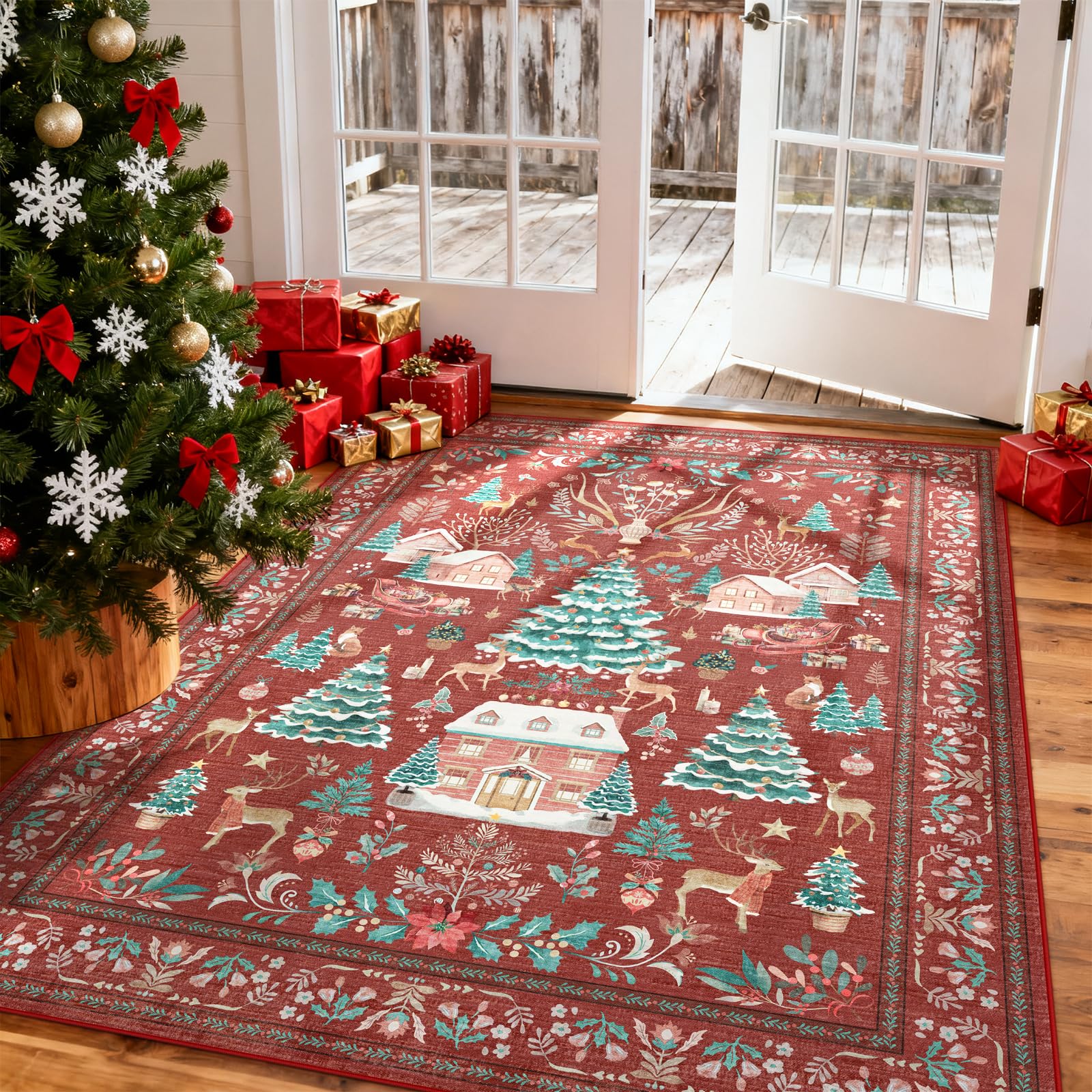 Christmas Rugs for Living Room 5x7 Washable Vintage Red Christmas Tree Rug Non-Slip Soft Holiday Rug Indoor Carpet