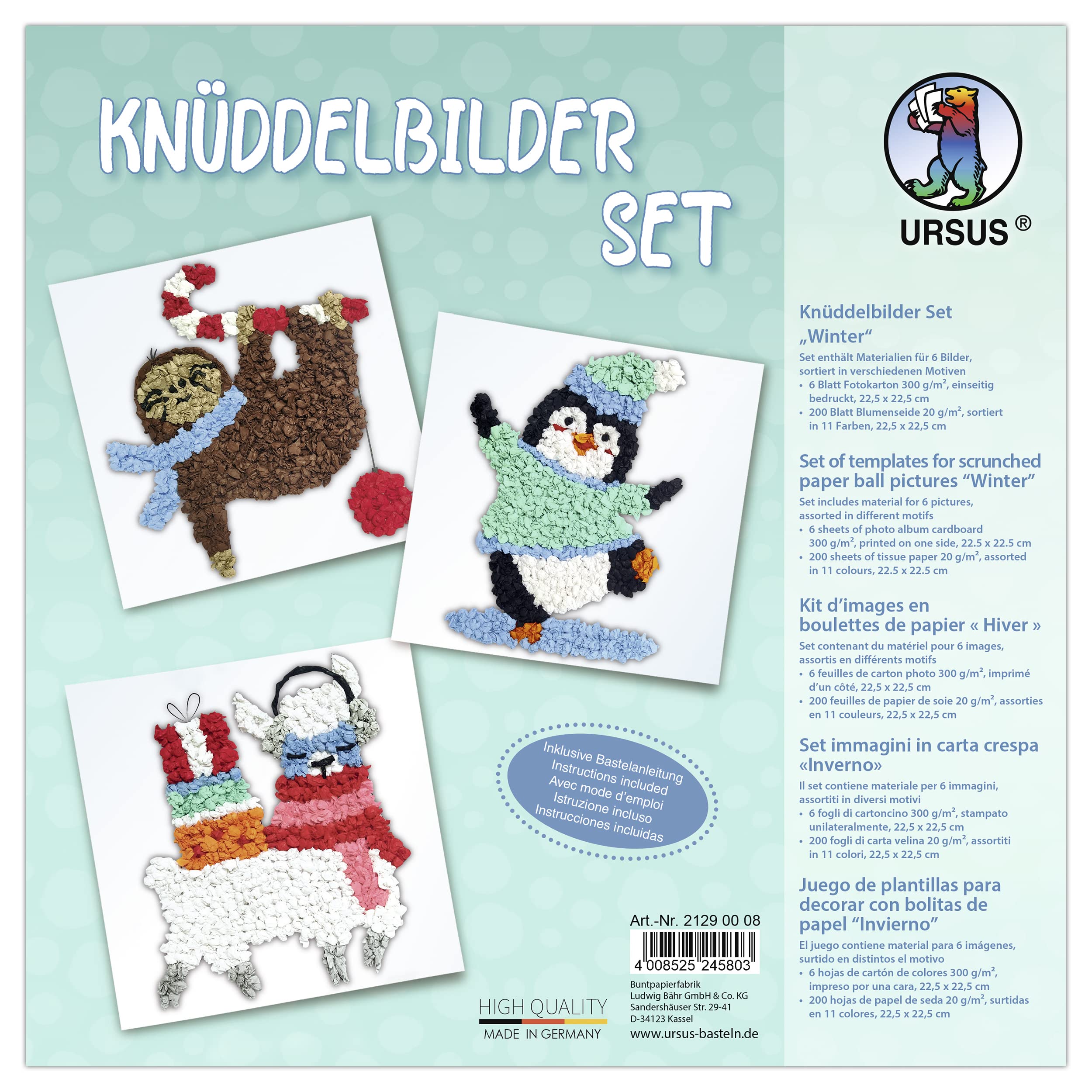 Ursus 21290008 - Dandelion Pictures Winter Craft Set for Children from 3 Years with 6 Motif Templates and Coloured Tissue Paper for Crafting Pictures from Paper Balls